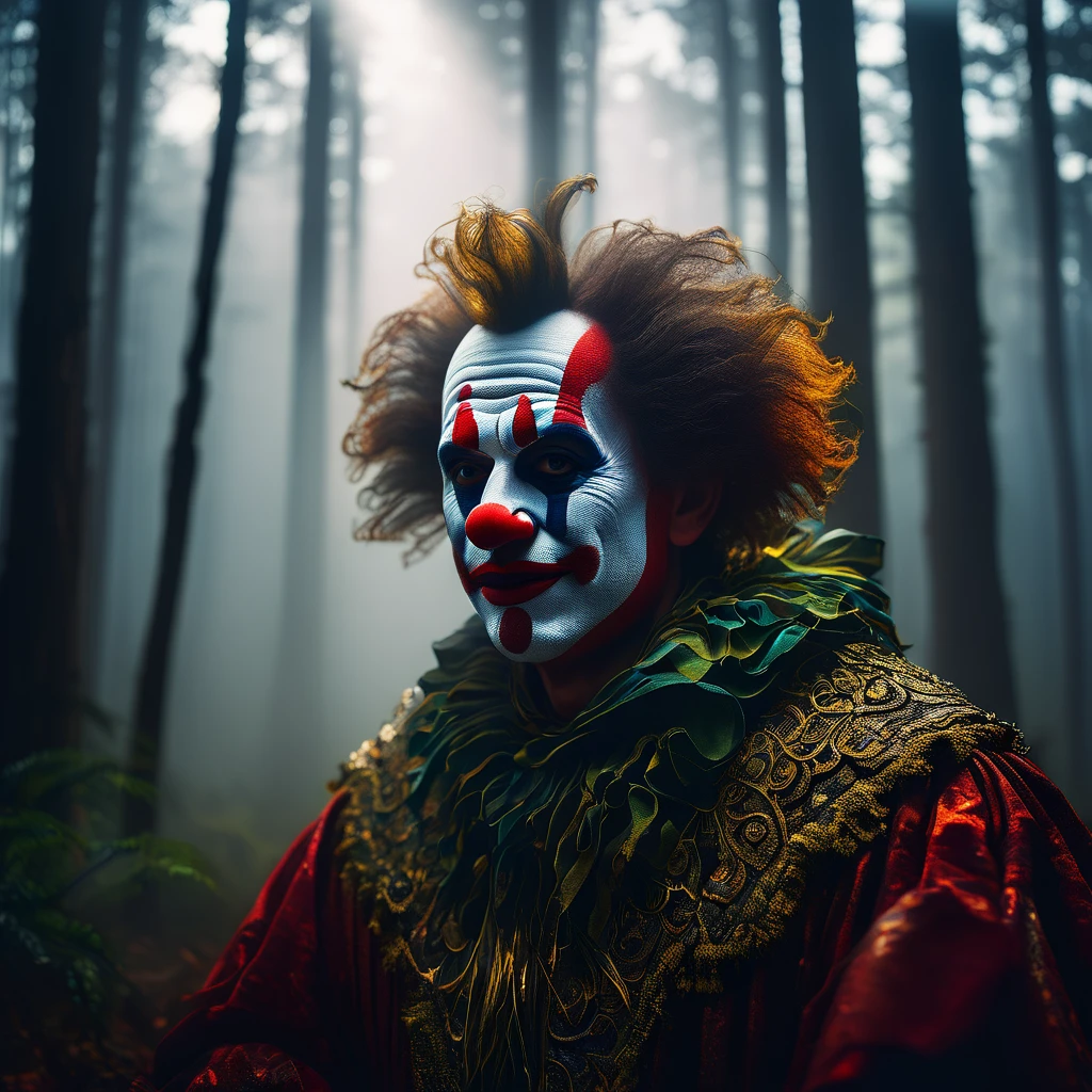 Commercial photography of a Jared Padelecki clown in a pine forest (foggy:1.2), silhouetted in soft shadow (full body photograph:1.2) , uhd photorealisitc authentic psychotic angry madman wearing ornate clown costume and intricate voodoo makeup, shoulders, intricate details, vivid colors, frightening surroundings, correct details, in the style of amano, karol bak, akira toriyama, and greg rutkowski , perfect composition, beautiful detailed intricate insanely detailed octane render trending on artstation, 8 k artistic photography, photorealistic concept art, soft natural volumetric cinematic perfect light, chiaroscuro, award - winning photograph, masterpiece, oil on canvas, raphael, caravaggio, greg rutkowski, beeple, beksinski, giger, perfect composition, beautiful detailed intricate insanely detailed octane render trending on artstation, 8 k artistic photography, photorealistic concept art, soft natural volumetric cinematic perfect light, chiaroscuro, award - winning photograph, masterpiece, oil on canvas, raphael, caravaggio, greg rutkowski, beeple, beksinski, giger, (beautiful supermodel:1.1) resting her head on her hands detailed background bokeh