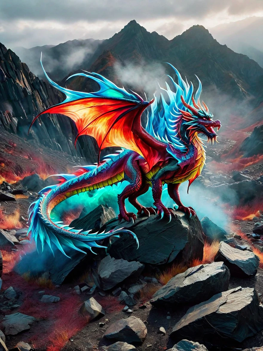 A vibrant, multi-coloured dragon with shimmering scales and majestic wings landing in a gloomy, eerie landscape known as the devil's domain. The terrain is depicted with fiery red hues, punctuated with jagged rocks and filled with ominous shadows. Wisps of smoke rise from the ground and a menacing atmosphere prevails, contrasting with the immaculate beauty of the dragon.