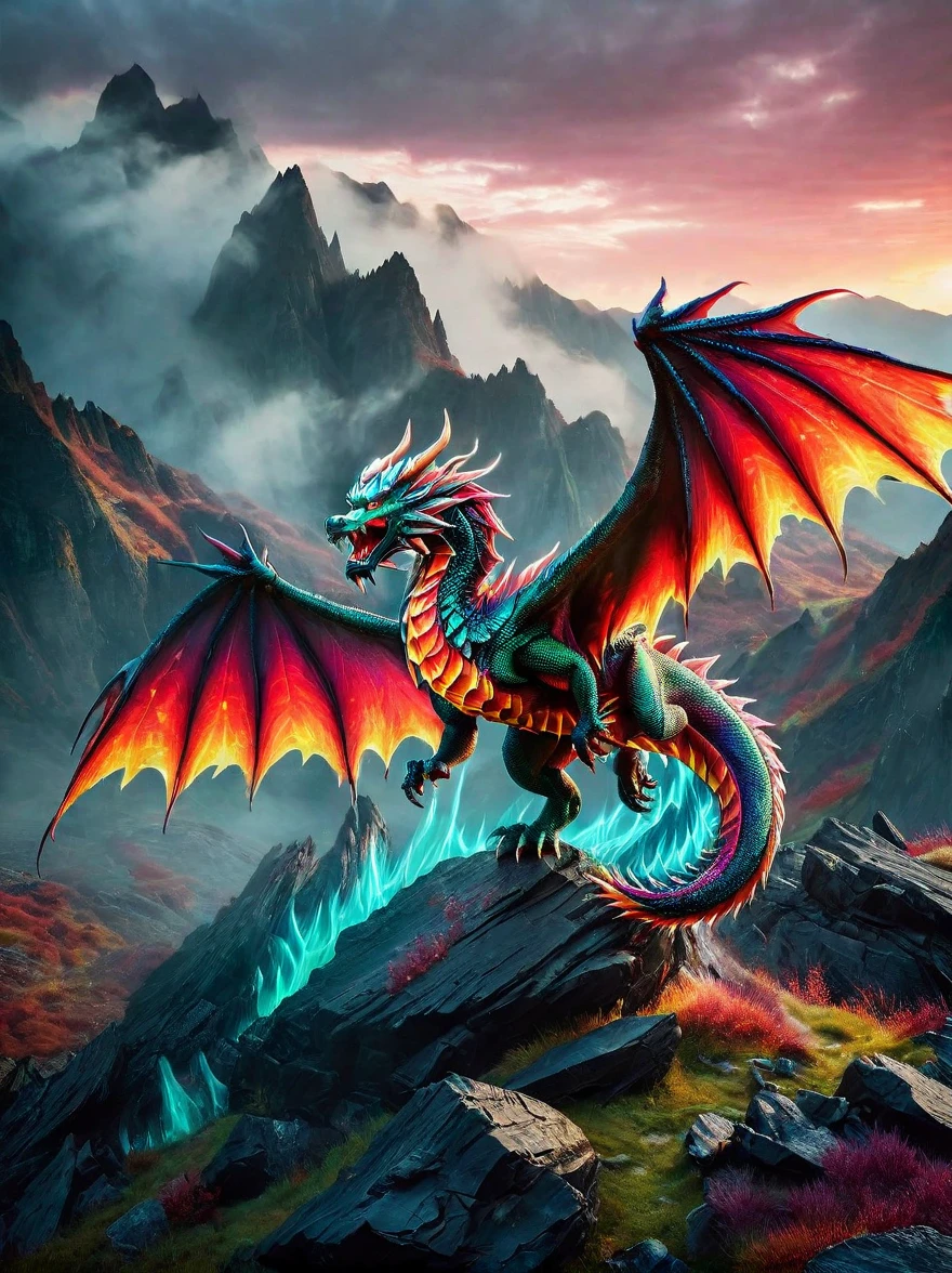 A vibrant, multi-coloured dragon with shimmering scales and majestic wings landing in a gloomy, eerie landscape known as the devil's domain. The terrain is depicted with fiery red hues, punctuated with jagged rocks and filled with ominous shadows. Wisps of smoke rise from the ground and a menacing atmosphere prevails, contrasting with the immaculate beauty of the dragon.