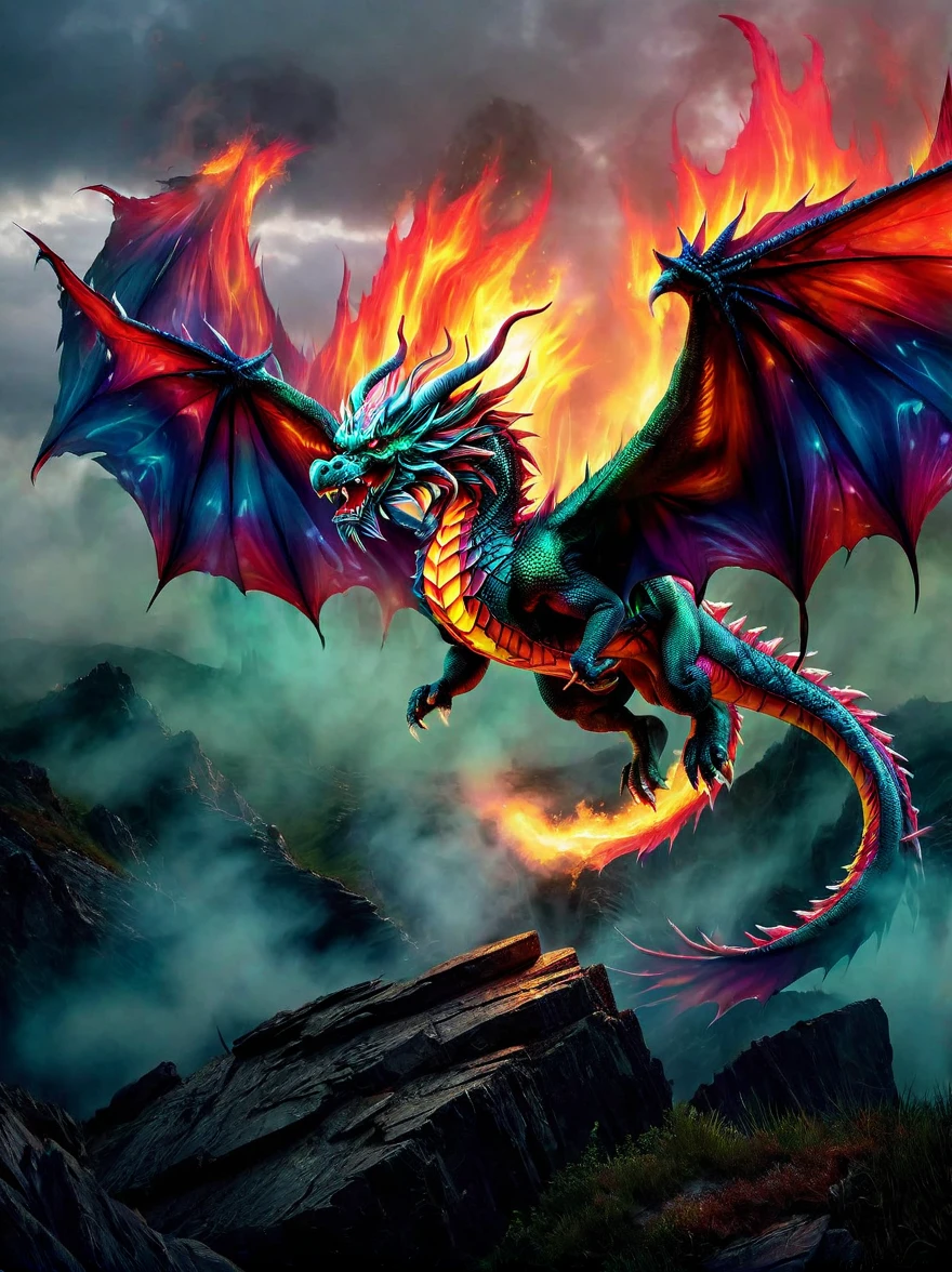 A vibrant, multi-coloured dragon with shimmering scales and majestic wings landing in a gloomy, eerie landscape known as the devil's domain. The terrain is depicted with fiery red hues, punctuated with jagged rocks and filled with ominous shadows. Wisps of smoke rise from the ground and a menacing atmosphere prevails, contrasting with the immaculate beauty of the dragon.