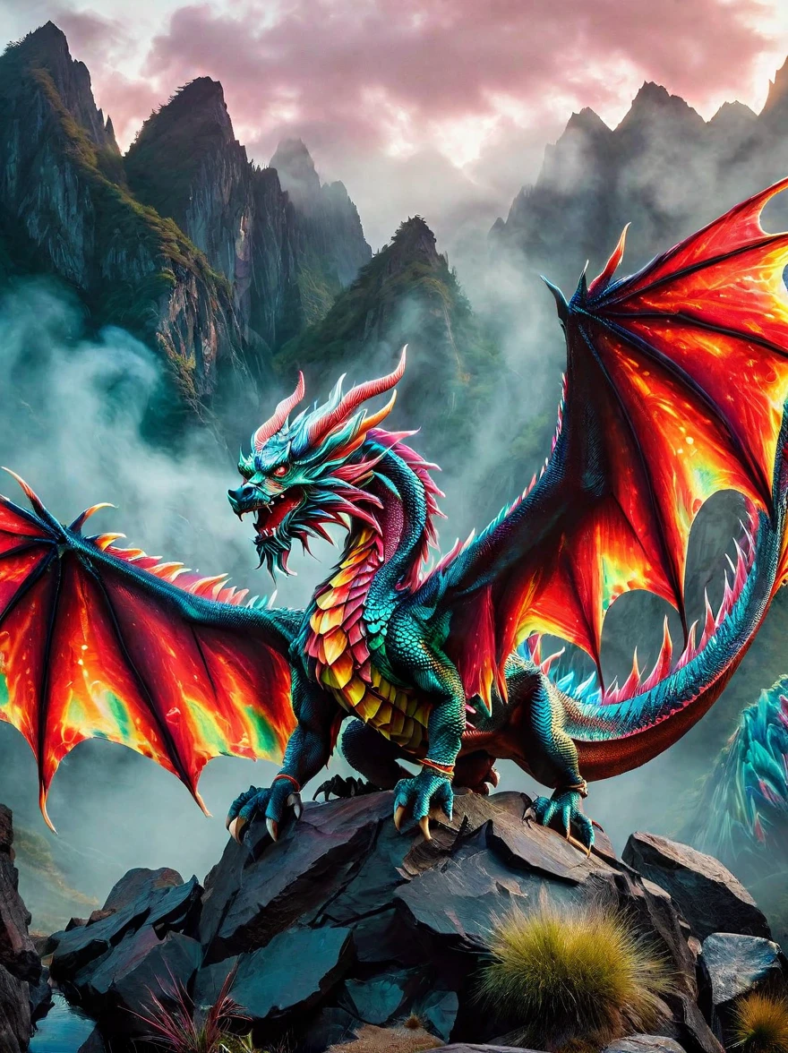 A vibrant, multi-coloured dragon with shimmering scales and majestic wings landing in a gloomy, eerie landscape known as the devil's domain. The terrain is depicted with fiery red hues, punctuated with jagged rocks and filled with ominous shadows. Wisps of smoke rise from the ground and a menacing atmosphere prevails, contrasting with the immaculate beauty of the dragon.