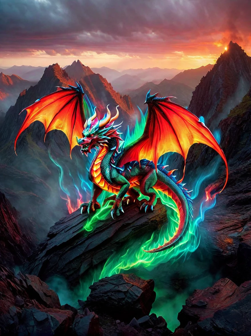 A vibrant, multi-coloured dragon with shimmering scales and majestic wings landing in a gloomy, eerie landscape known as the devil's domain. The terrain is depicted with fiery red hues, punctuated with jagged rocks and filled with ominous shadows. Wisps of smoke rise from the ground and a menacing atmosphere prevails, contrasting with the immaculate beauty of the dragon.