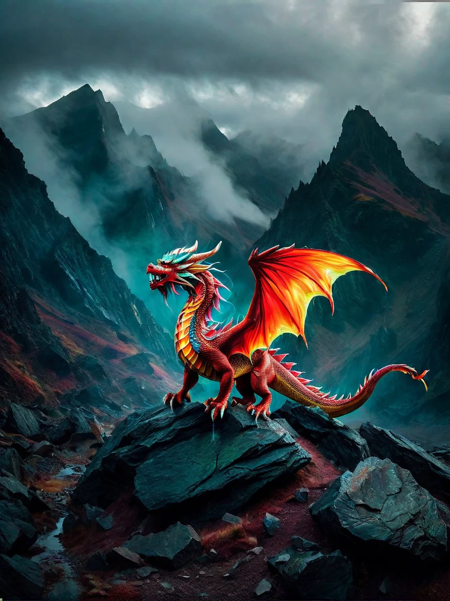 A vibrant, multi-coloured dragon with shimmering scales and majestic wings landing in a gloomy, eerie landscape known as the devil's domain. The terrain is depicted with fiery red hues, punctuated with jagged rocks and filled with ominous shadows. Wisps of smoke rise from the ground and a menacing atmosphere prevails, contrasting with the immaculate beauty of the dragon.