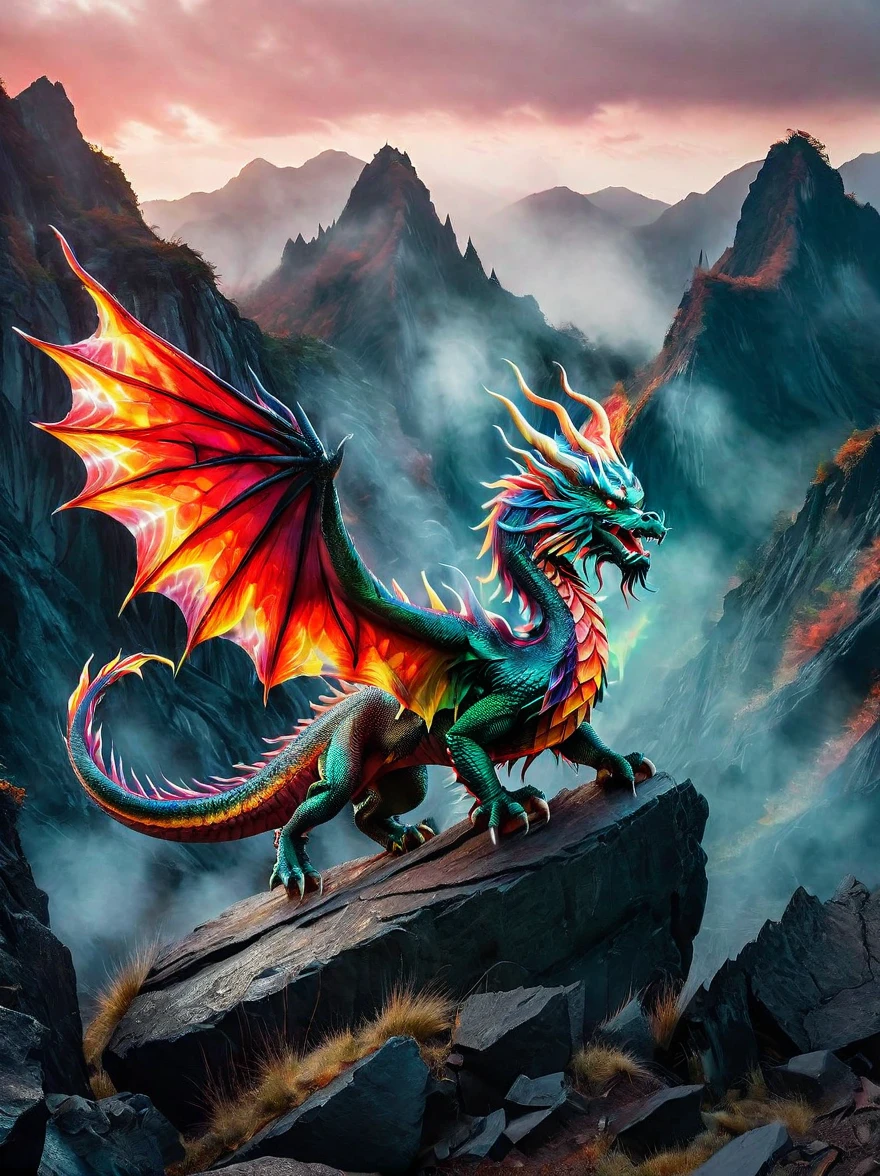 A vibrant, multi-coloured dragon with shimmering scales and majestic wings landing in a gloomy, eerie landscape known as the devil's domain. The terrain is depicted with fiery red hues, punctuated with jagged rocks and filled with ominous shadows. Wisps of smoke rise from the ground and a menacing atmosphere prevails, contrasting with the immaculate beauty of the dragon.