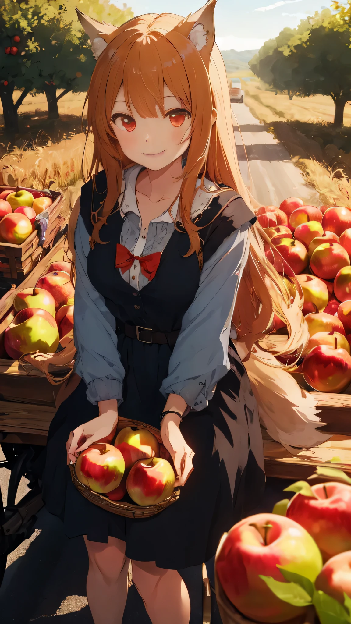 (best quality:1.2), (ultra detailed:1.2), ultra high resolusion, highres,8k, Country roads, wheat fields, hoodless horse-drawn carriage, "Spice and Wolf", Holo lying on a heap of apples piled up on a loading platform, smile, offering an apple, orange hair, long hair, red eyes, wolf ears, bushy wolf tail, afternoon, 