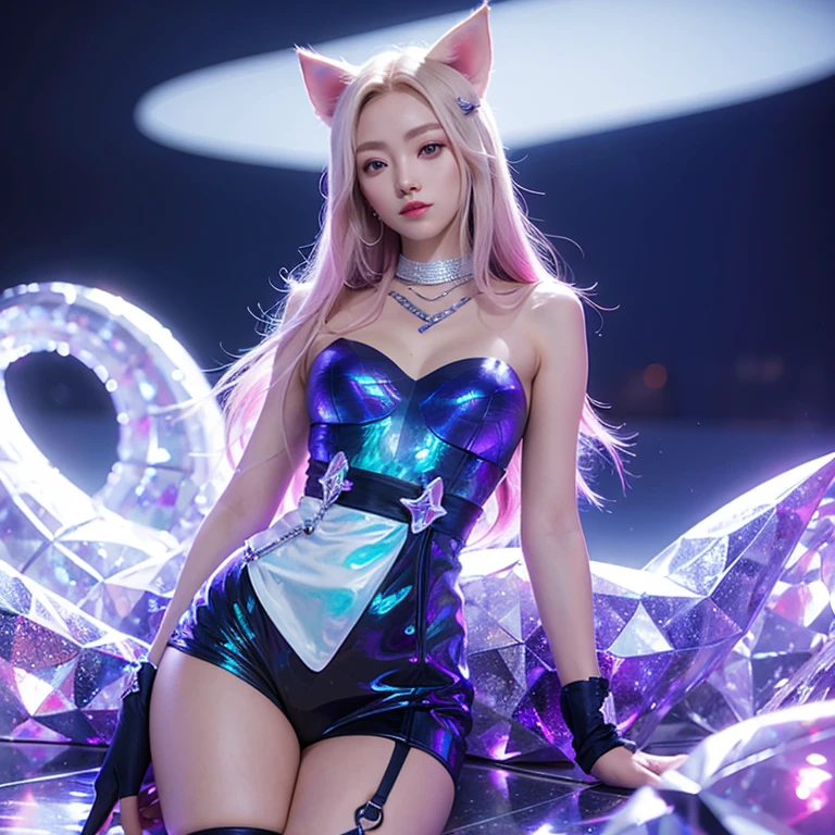 20 year old girl, 8k, realistic, big breasts, bikini, camel toe, blonde hair, white skin, mini skirt, wet, kda all out ahri, leg spread, looking at viewer