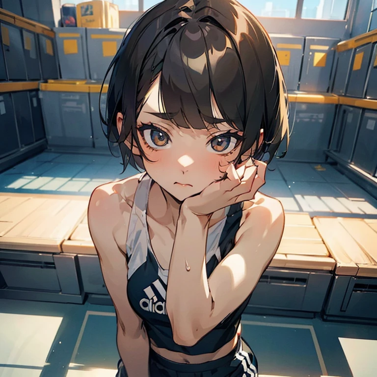 masterpiece、delicate details、Adidas Underwear、sports bra、F cup、thin waist、athlete、Slender beauty、Your face is so cute、short hair、long eyelashes、Big eyes、locker room、