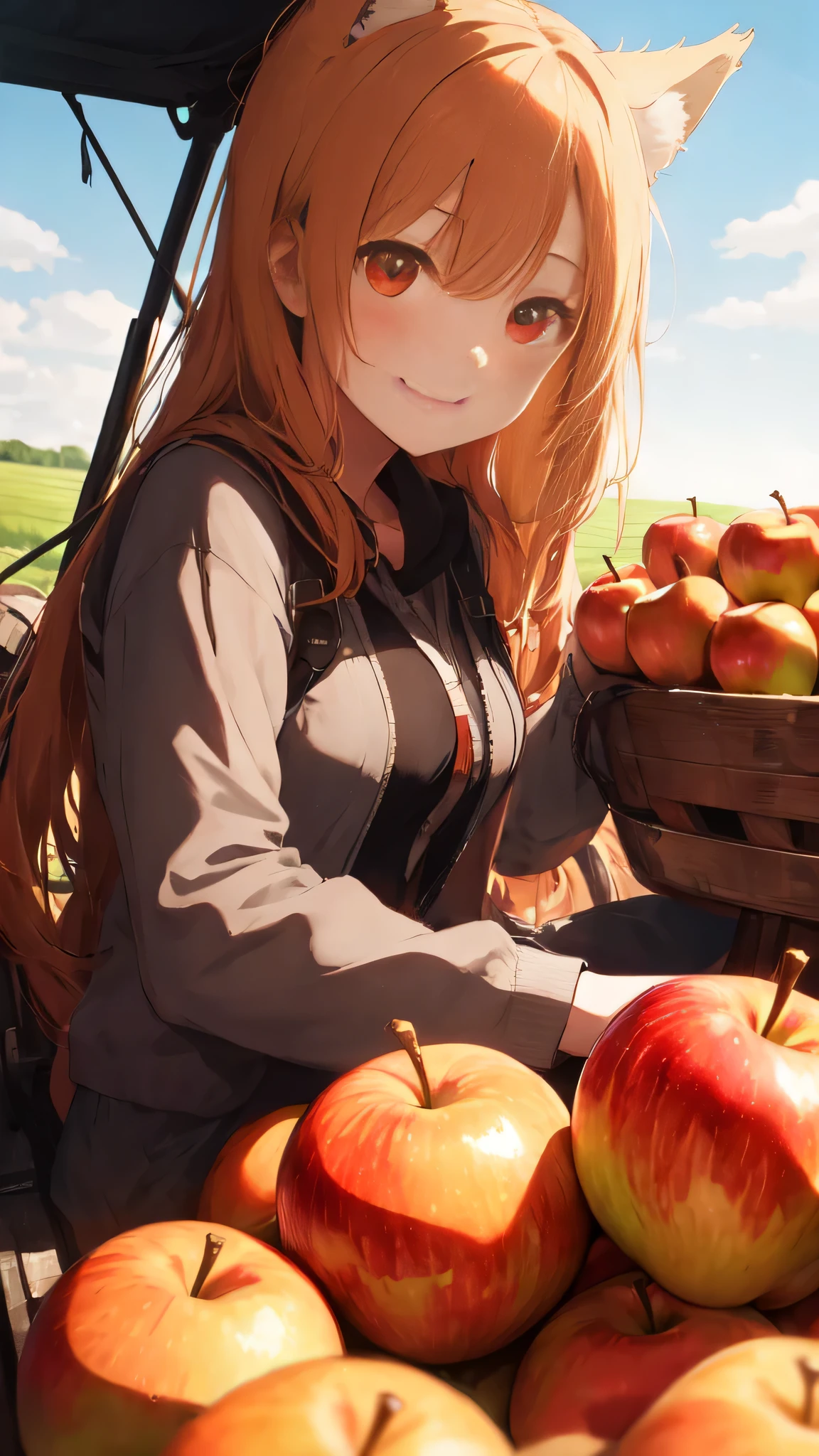 (best quality:1.2), (ultra detailed:1.2), ultra high resolusion, highres,8k, Country roads, wheat fields, hoodless horse-drawn carriage, "Spice and Wolf", Holo lying on a heap of apples piled up on a loading platform, smile, offering an apple, orange hair, long hair, red eyes, wolf ears, bushy wolf tail, afternoon,