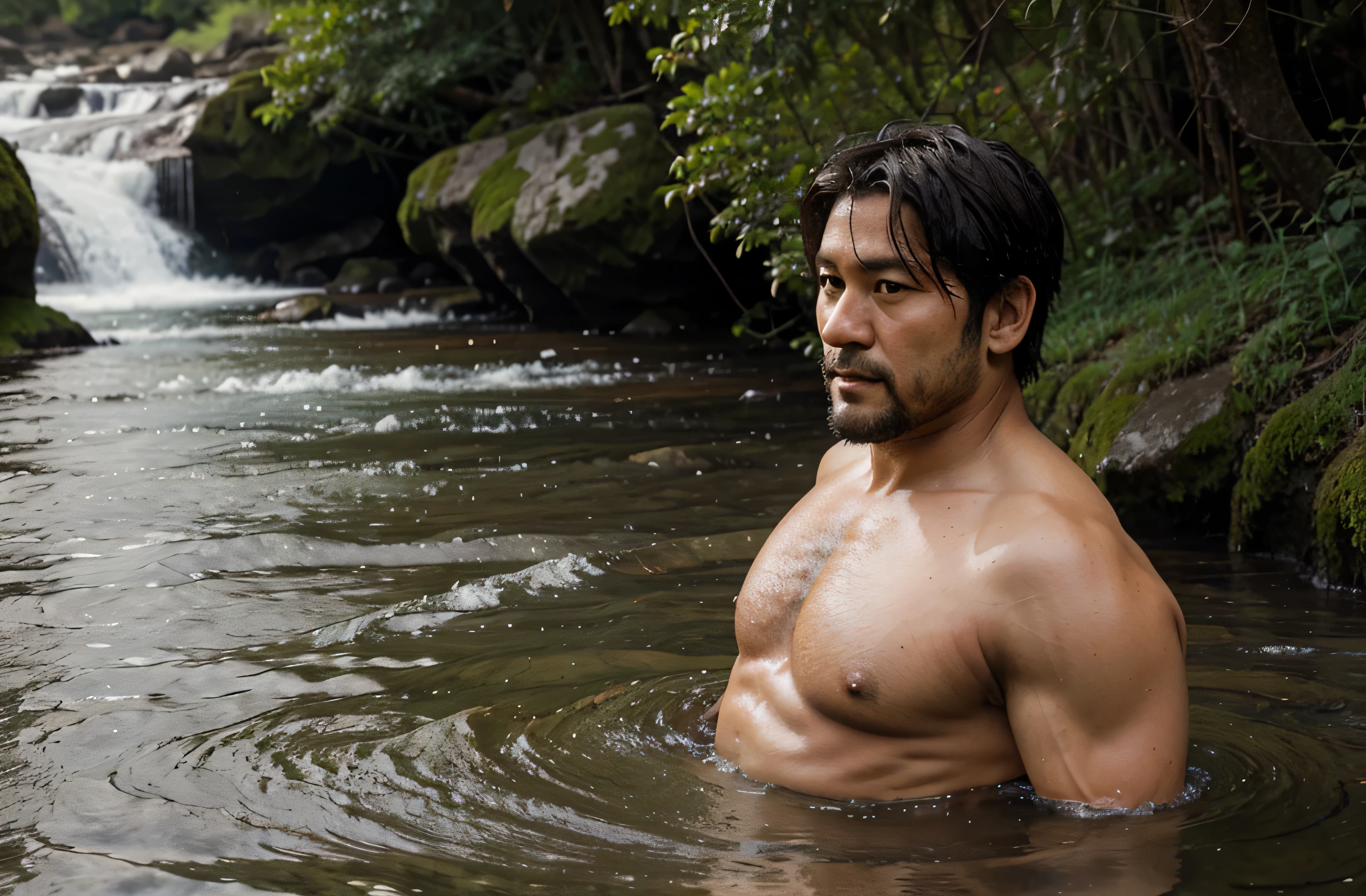 a 38-year-old Japanese former rugby player wearing shite brief stands in the mountain stream. stocky chubby thick short beard very short hair rain