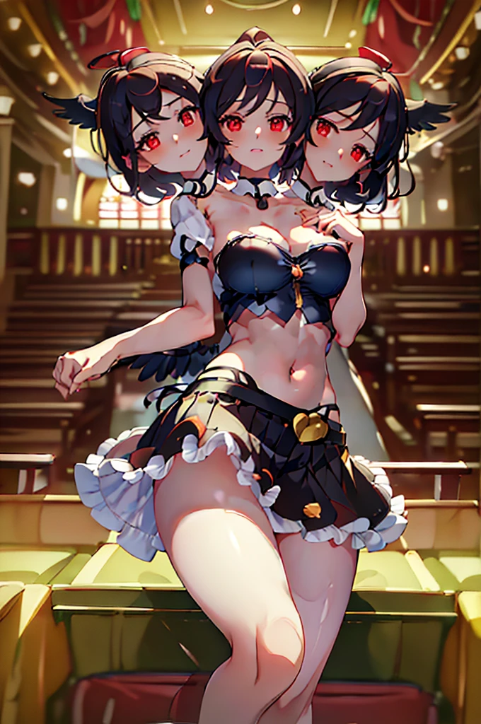 (masterpiece, best quality),best quality, (ultra-detailed), (3heads:1.4), 1girl, (shameimaru aya:1.3), masterpiece, best quality, ultra quality, ultra resolution, ultra detail, white top, crop top, ((stomach)), midriff, ((groin)), naval, black skirt, normal ears, shackles, brown hair, very long hair, wavy hair, sidelocks, red eyes, parted lips, sweat, cute, toned belly, hand on own chest, eyelashes, (24 year old woman:1.3), (masterpiece:1.5), (best quality:1.5), (beautiful detailed), extremely detailed CG, extremely delicate and beautiful, depth of field, (finely detailed face), (perfect details:1.2), (mature female:1.3), wide pelvis, slender, large veiny breast, 16k resolution, highres,high quality, high definition, extremely detailed, masterpiece, black hair, long hair, alluring presence, braid, short skirt, close up, big tits, young, bird wings, black ribbon,
