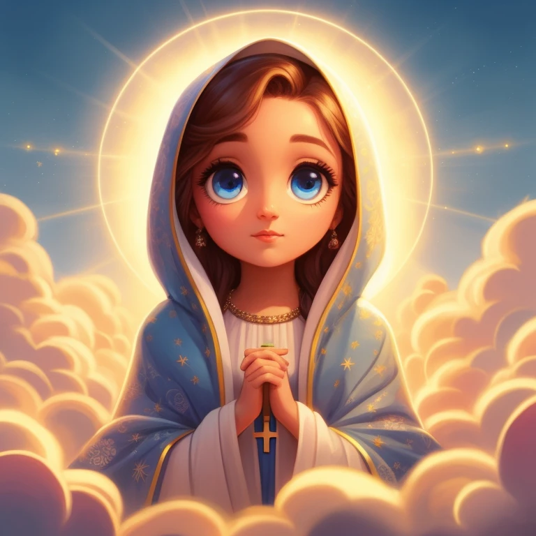 a cartoon image of a woman in a blue robe with a cross, Virgem Maria, queen of heaven, Apenas Bartel, por Jeremiah Ketner, majestosa mulher santa, imagem de avatar, adorable digital painting, padroeiro de 🛸🌈👩🏾, official Admirador de arte, sagrado, Admirador de arte, imagem de perfil, por Nicholas Marsicano, rossdraws global illumination