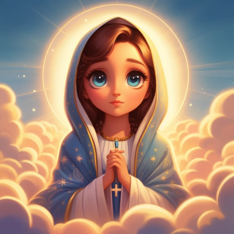 a cartoon image of a woman in a blue robe with a cross, Virgem Maria, queen of heaven, Apenas Bartel, por Jeremiah Ketner, majestosa mulher santa, imagem de avatar, adorable digital painting, padroeiro de 🛸🌈👩🏾, official Admirador de arte, sagrado, Admirador de arte, imagem de perfil, por Nicholas Marsicano, rossdraws global illumination