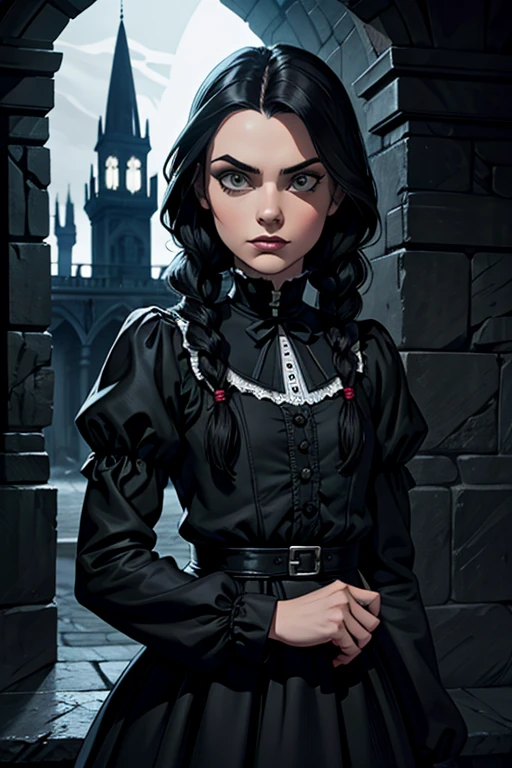 an extremely detailed digital illustration, high resolution, obra de arte, de Chr1st1naR1cc1 como Wednesday Addams, cabelo preto, (twin braids:1.2),  15 anos,
cabelo longo, olhando para o espectador, camisa preta, ((colarinho branco)), franja, Olhos pretos, espada curta, cara mal-humorada, de cima,
gordinho, black gothic dress, At night, dark ambient lighting, , quarta-feira, raio 