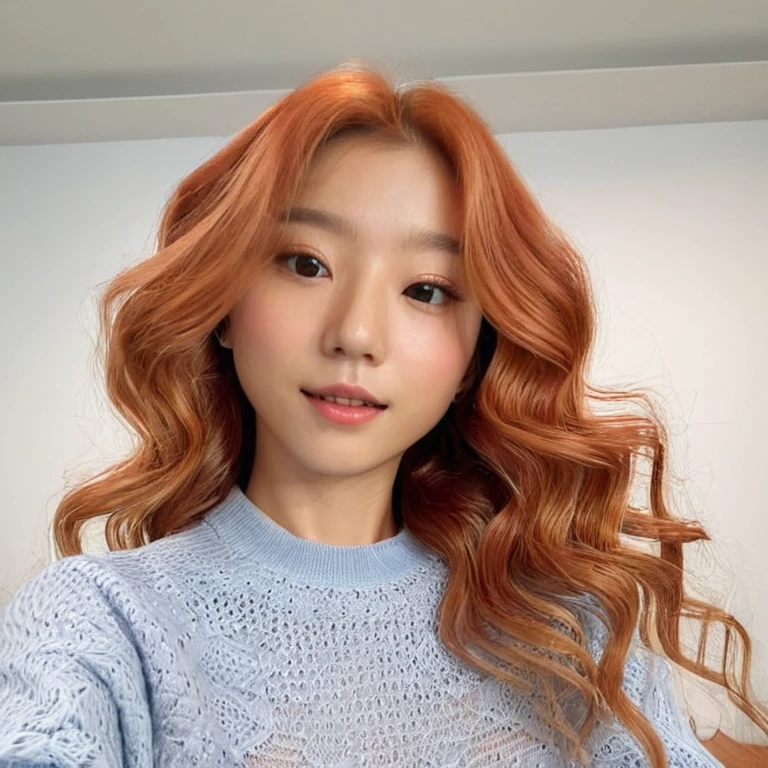 (high resolution, ultra-detailed, photorealistic), selfie of 1girl, sjang, long wavy light red hair, sweater, ((background: recording studio)), realistic face, accurate, beautiful