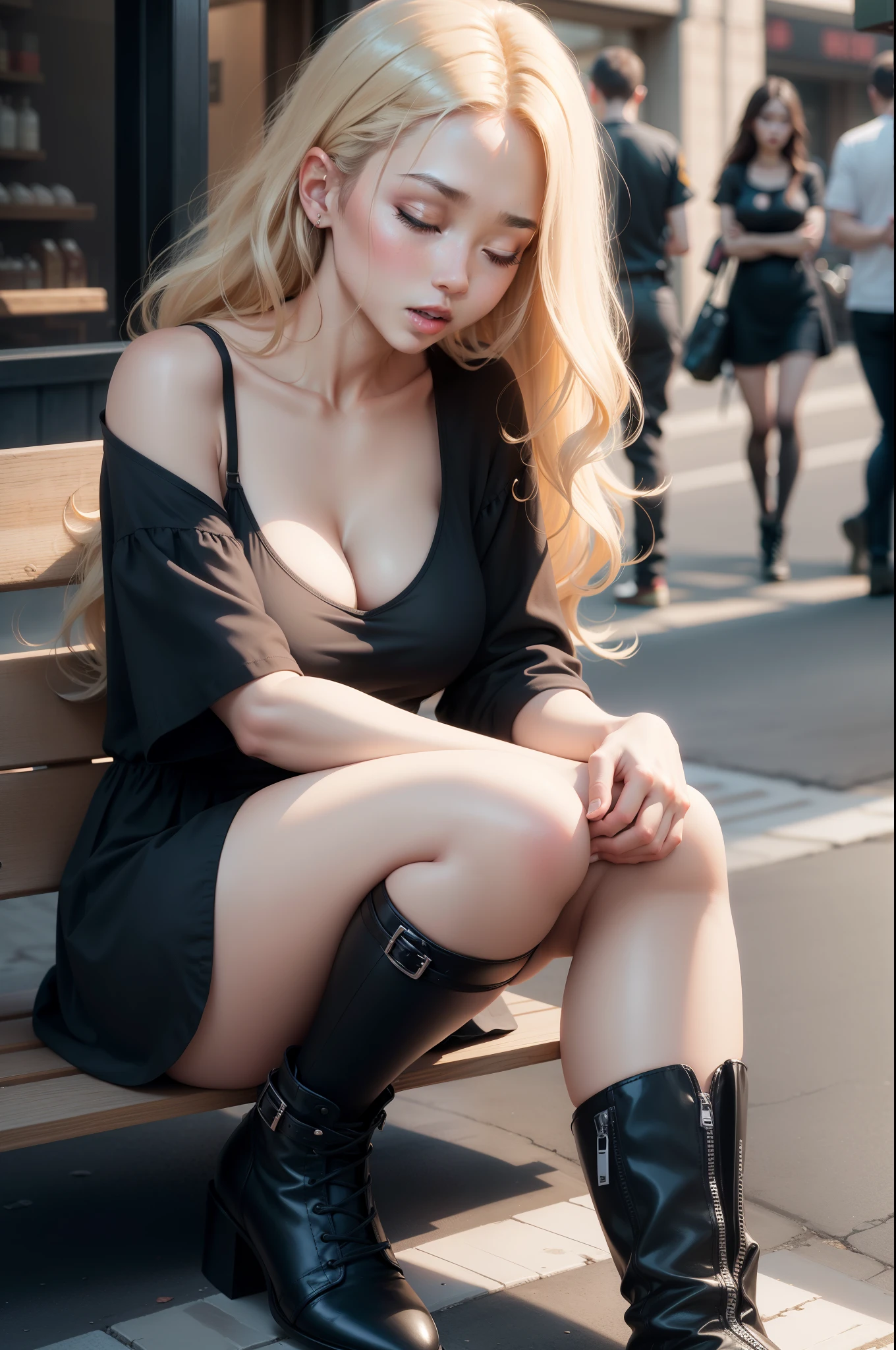 (masterpiece), (best quality), (8k resolution), (wide angle lens), full body, 1 beautiful woman, half-Korean, athletic, in the pedestrian zone, on the bench, sleeping, head lowered, eyes closed, open mouth, drooling, sweating, hands in lap, 24 years old, blond, long wavy hair, outlined eyelids, made-up eyelids, transparent T-shirt, , short black dress, panties pped, white boots, detailed background, complex background, many other civilians, glances are directed at woman, curious looks