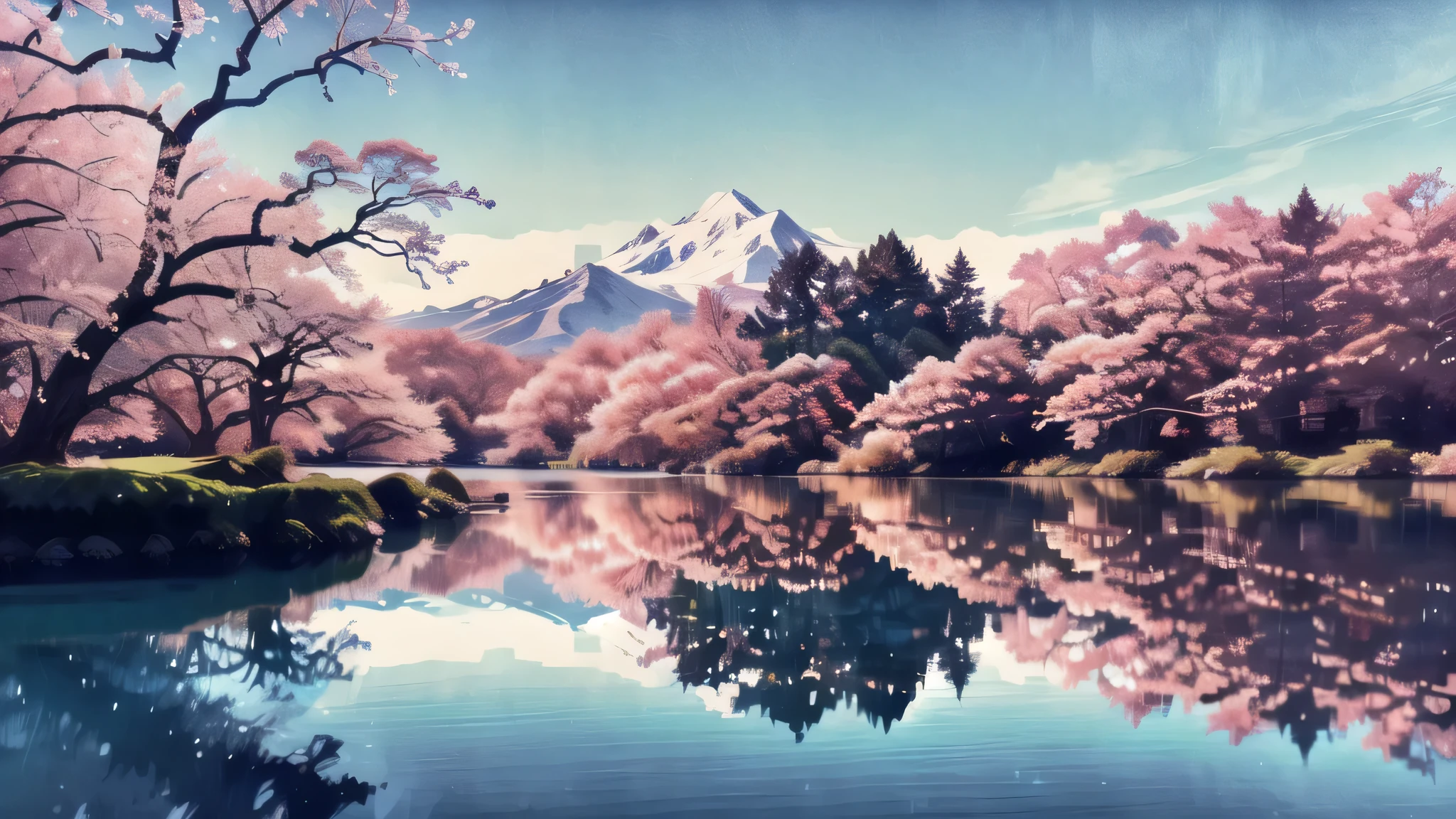 a close up of a lake with trees and rocks in the water, beautiful dreamy landscape, epic beautiful landscape, cherry blossom trees, dreamy landscape, sakura trees, dreamy scene, beautiful nature, amazing landscape, beautifully lit landscape, breathtaking landscape, beautiful art uhd 4 k, peaceful landscape, nature wallpaper, beautiful landscape, serene landscape, extremely beautiful and ethereal