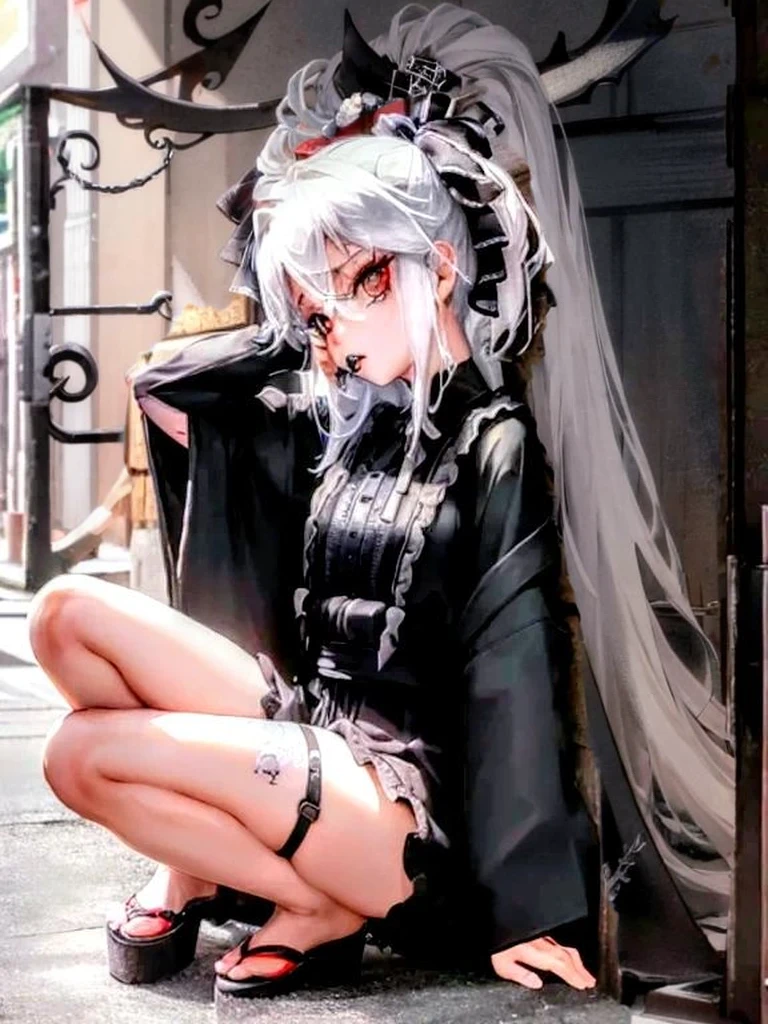 Masterpiece, best quality, high quality, ultra detailed, 1girl, looking at viewer, white hair, gray eyes, black lipstick, black shirt, sitting on a white floor, demon girl, gothcore, 1 3 - year - old, goth girl, japanese gothic, gothic punk style, black metal style, hands on head,.yurikiss、Girl kissing girl、red eyes、young girl、