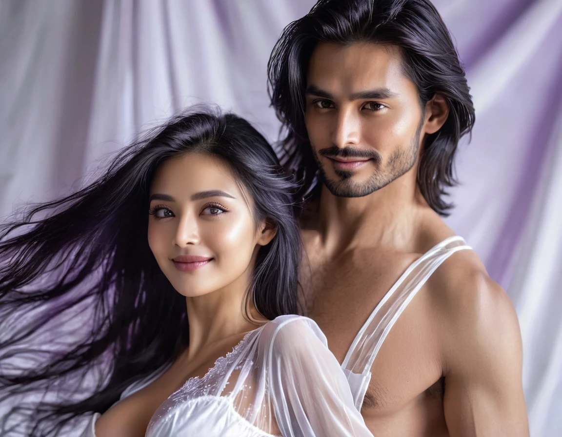 (((Two people)))A beautiful woman is on the left side of the picture.Head tilted back with passionate eyes,Dark black neat long hair hanging back(shiny hair), Wearing a white transparent gauze silk nightgown,full breasts.Revealing dark purple underwear.A handsome man with his upper body naked on the right side of the picture hugs a woman&#39;s waist from the front.Bury your face in her chest., best quality, actual, super detailed, finely, high resolution, 8K wallpaper, , sharp focus, Perfect dynamic composition, Beautiful and delicate eyes , Detailed actualskin texture, Smile, closeup portrait, Model figure