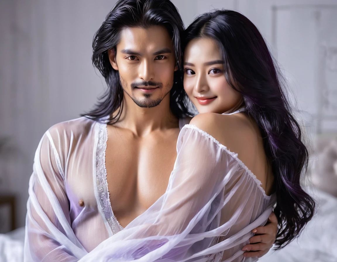 (((Two people)))A beautiful woman is on the left side of the picture.Head tilted back with passionate eyes,Dark black neat long hair hanging back(shiny hair), Wearing a white transparent gauze silk nightgown,full breasts.Revealing dark purple underwear.A handsome man with his upper body naked on the right side of the picture hugs a woman's waist from the front.Bury your face in her chest., best quality, actual, super detailed, finely, high resolution, 8K wallpaper, , sharp focus, Perfect dynamic composition, Beautiful and delicate eyes , Detailed actualskin texture, Smile, closeup portrait, Model figure