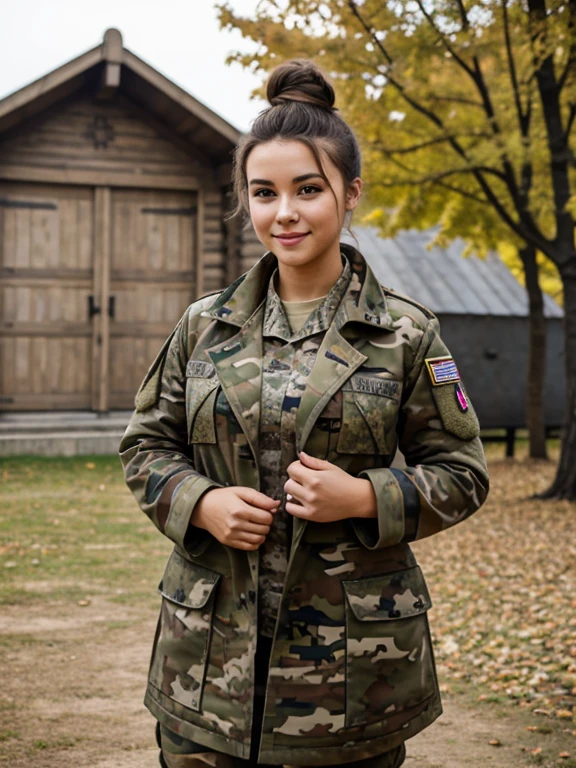 French coat-of-arms, plump body, messy bun, camo military fatigues, outdoor, barracks, happy