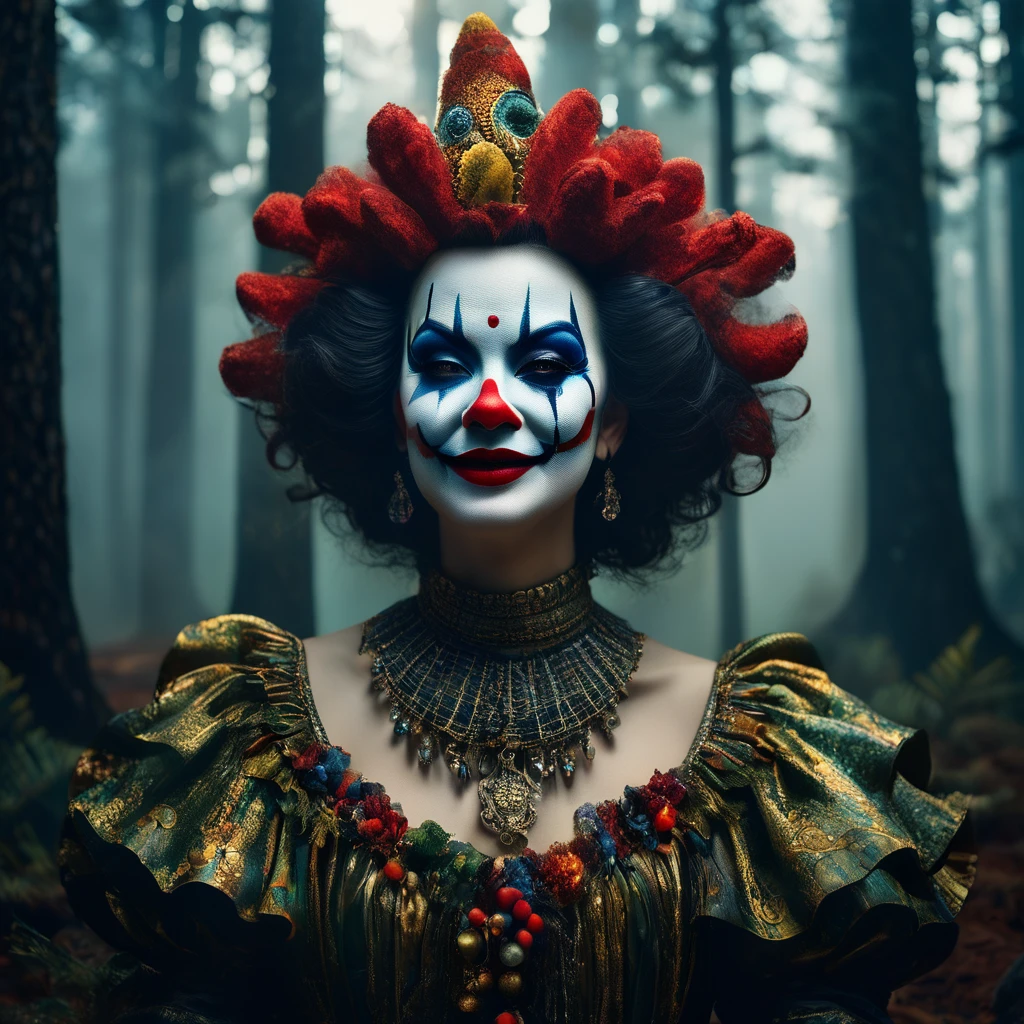 Commercial photography of a beautiful model woman clown with a creepy smile in a pine forest (foggy:1.2), silhouetted in soft shadow (full body photograph:1.2) , uhd photorealisitc authentic psychotic angry madman wearing ornate clown costume and intricate voodoo makeup, shoulders, intricate details, vivid colors, frightening surroundings, correct details, in the style of amano, karol bak, akira toriyama, and greg rutkowski , perfect composition, beautiful detailed intricate insanely detailed octane render trending on artstation, 8 k artistic photography, photorealistic concept art, soft natural volumetric cinematic perfect light, chiaroscuro, award - winning photograph, masterpiece, oil on canvas, raphael, caravaggio, greg rutkowski, beeple, beksinski, giger, perfect composition, beautiful detailed intricate insanely detailed octane render trending on artstation, 8 k artistic photography, photorealistic concept art, soft natural volumetric cinematic perfect light, chiaroscuro, award - winning photograph, masterpiece, oil on canvas, raphael, caravaggio, greg rutkowski, beeple, beksinski, giger, (beautiful supermodel:1.1) resting her head on her hands detailed background bokeh