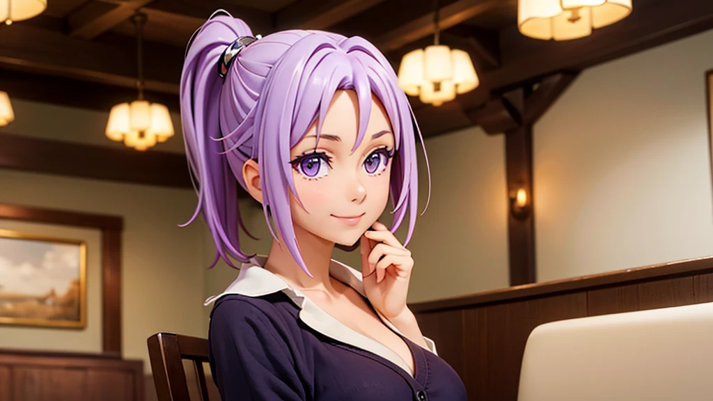 (original photo, best quality), 1 purple haired girl, Aster, natural lighting, Upper body, cafes, Smile, Satosh Khan Art Style