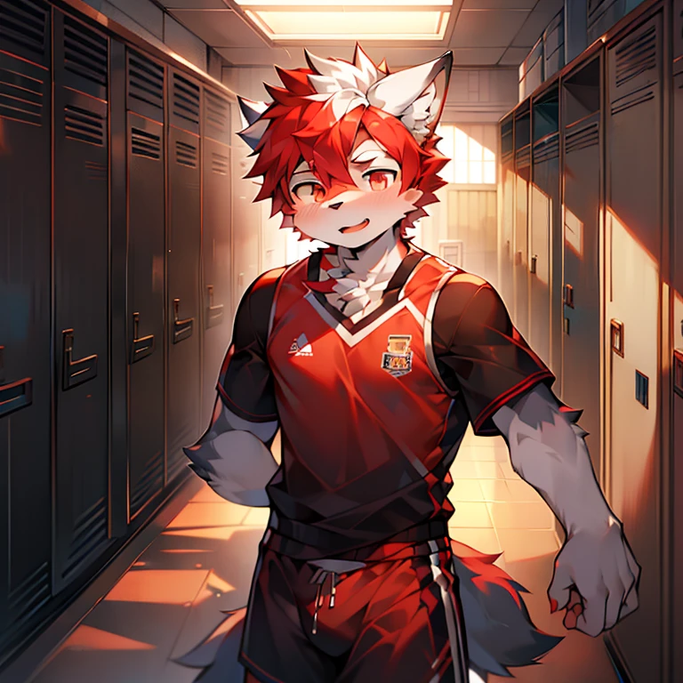 youth,Shota,red hair ,male, Masterpiece, high resolution,8K,Detailed background,high quality, boys,View from the front,Wolf's facial features.. White hair on the abdomen,Basketball costumes,Sexy Boy,locker room,Black and red shorts,Black and red top