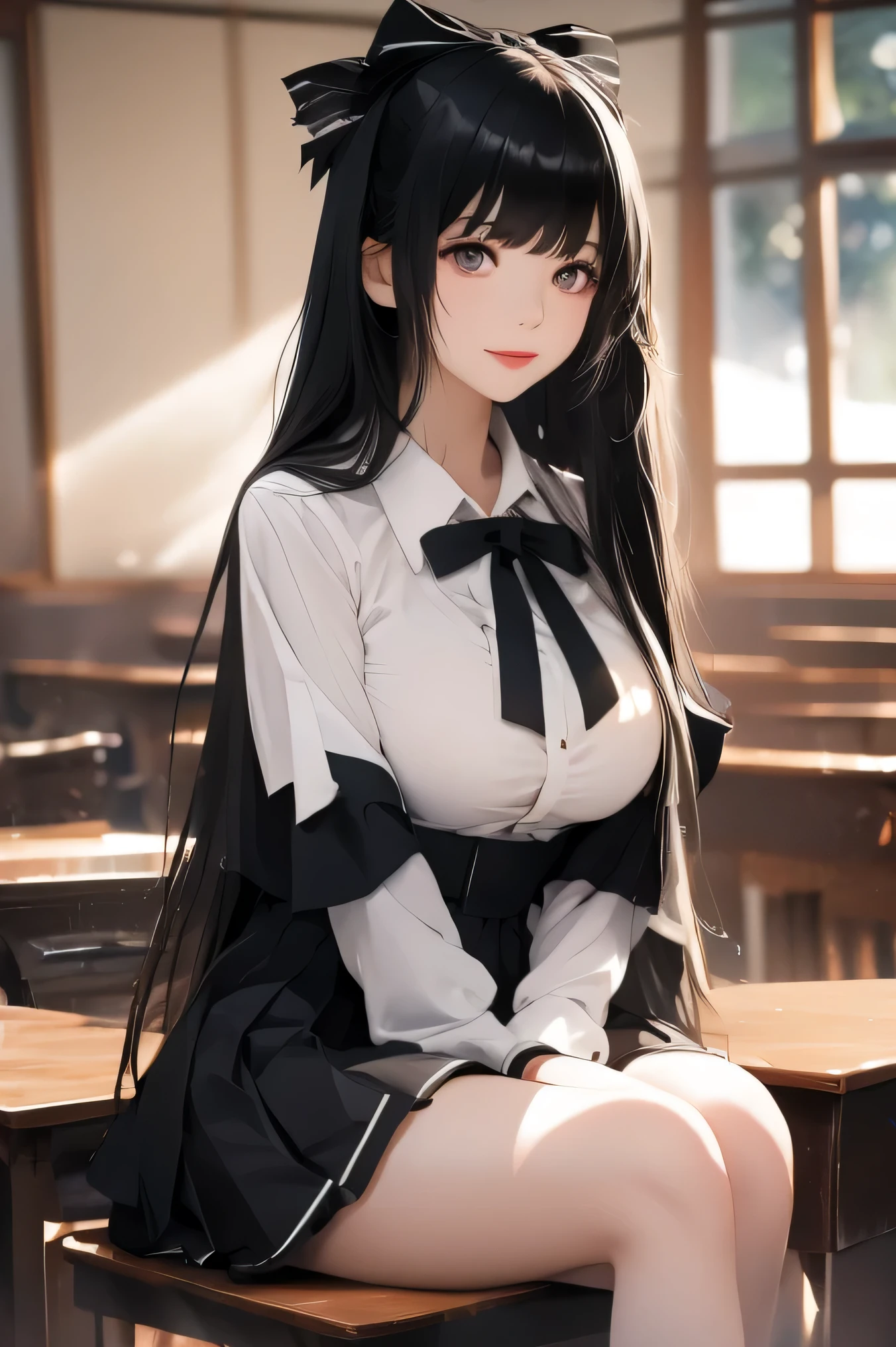 perfect face　black hair　long hair　bangs bangs　pale skin　black eyes　middle School girls　ribbon　cute　masterpiece　smile　classroom　alone　face　upper body　arms behind back　upward glance　uniform　huge breasts　sitting　school uniform　head rest　early morning　cleavage　gigantic breasts　Ladylike　Lady　breast bag