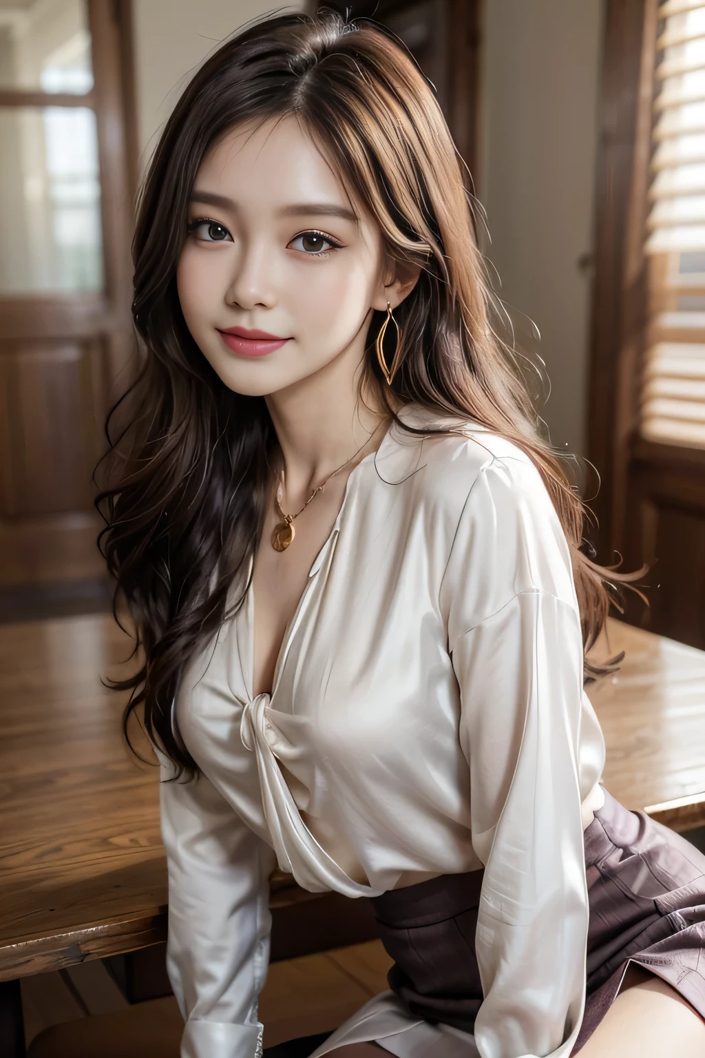 table top, highest quality, realistic, Super detailed, finely, High resolution, 8k wallpaper, 1 beautiful woman,, sharp focus, perfect dynamic composition, beautiful and detailed eyes, thin hair, Detailed realistic skin texture, smile, close-up portrait, model body shape、president&#39;secretary、mini skirt、high heels、whole body、suit,((brown semi-long hair:1.2))((Gentle inward-curving waves:1.2)),((gold necklace＿big earrings:1.2)),((shy smile:1.3)),((blouse and skirt, Wearing a white silk blouse,Please wear a white shirt and a dark purple skirt.:1.3)), 、whole bodyショット、((Standing whole body figure supermodel, whole bodyがフレーム内に収まる))、in a luxurious room、
