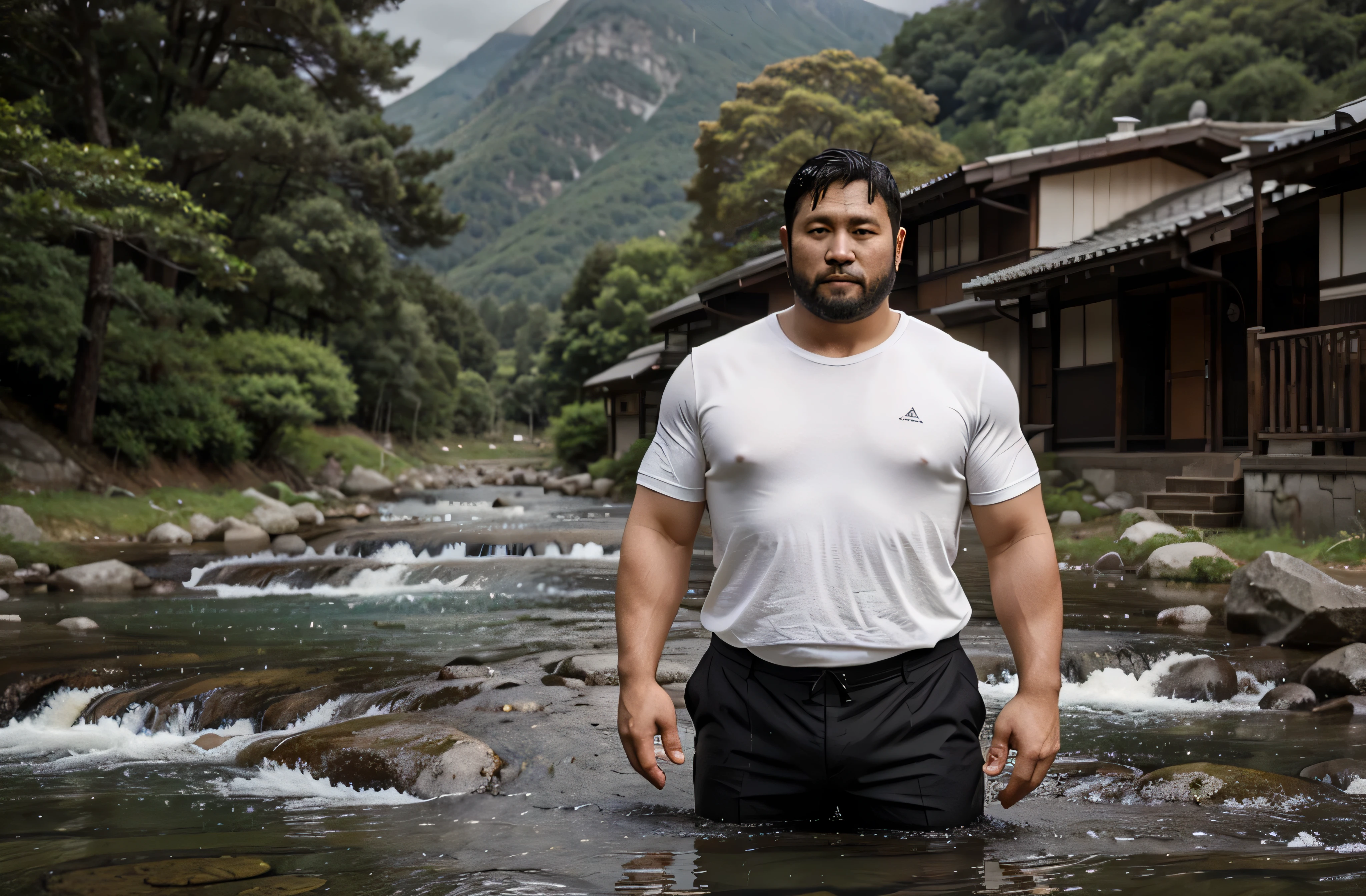 a 38-year-old Japanese former rugby player wearing white brief stands by the mountain stream. stocky chubby thick short beard very short hair rain shirtless