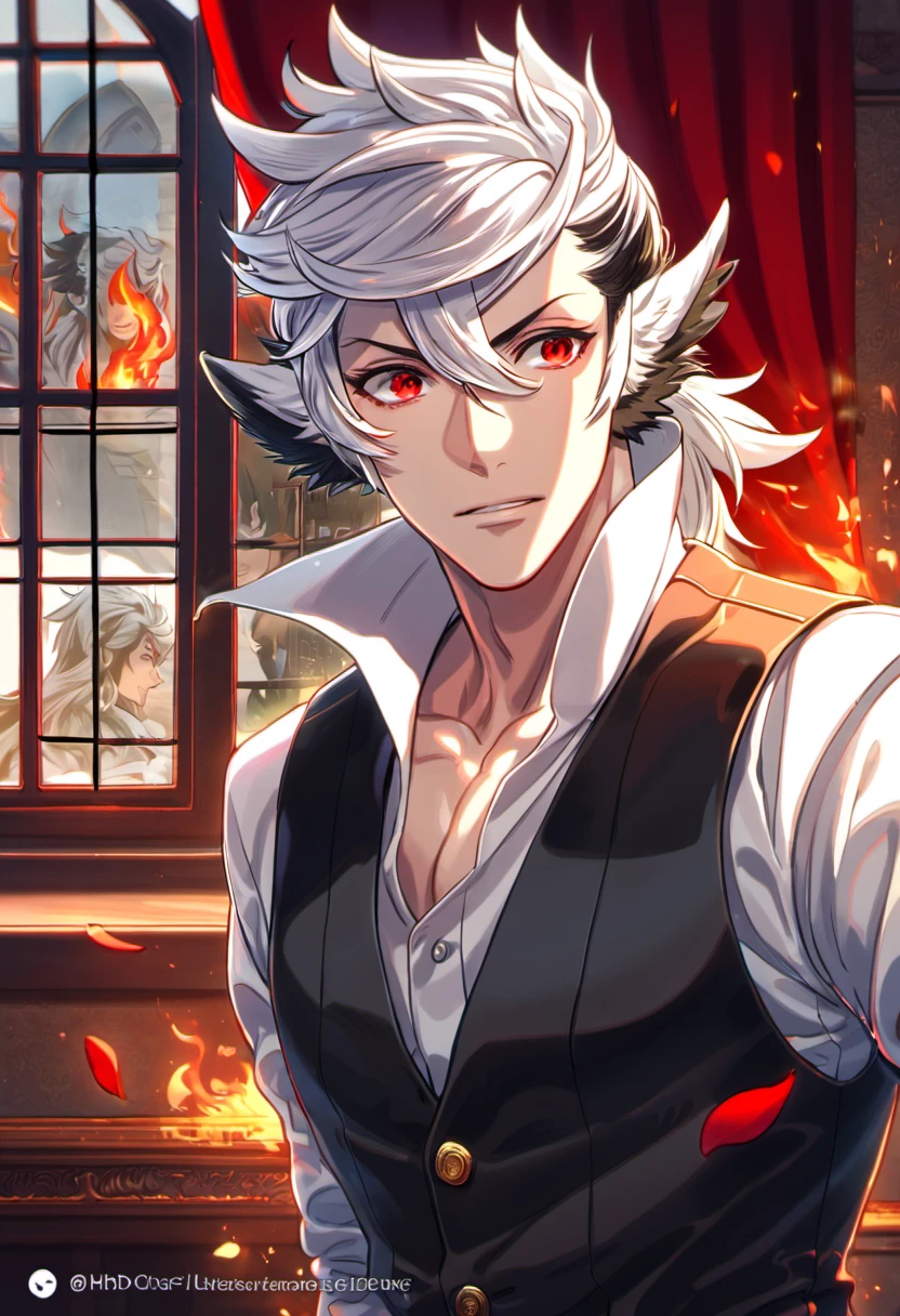 absurdres, highres, ultra detailed, HDR, master piece, best quality, Keaton, white hair, expressive red eyes, Fire emblem fates, 1man, handsome, window, red curtains, red petals 