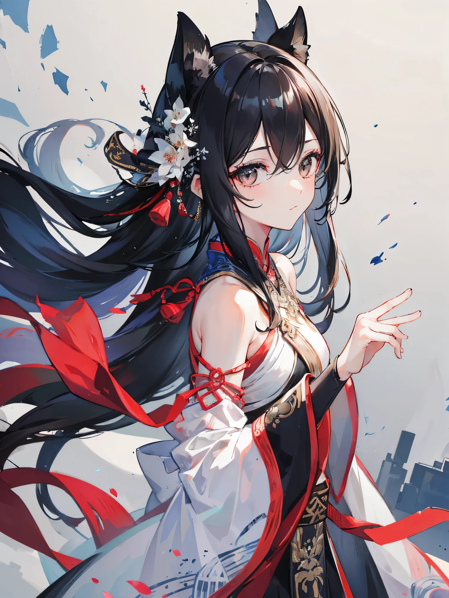 ( Black long hair:1.5), (beautiful black eyes:1.5), {{{{{{{illustration }}}}}}}, 1girl, [Ancient palace background, chinese dragon, watercolor,], chinese dragon hanfu, {{female focus on, lens 135mm f1.8}}, {{color Ink wash painting)}, {{ink splashing}}, {{color splashing}}, {{{colorful}}}, {{sketch}}, Masterpiece, best quality, beautifully painted,