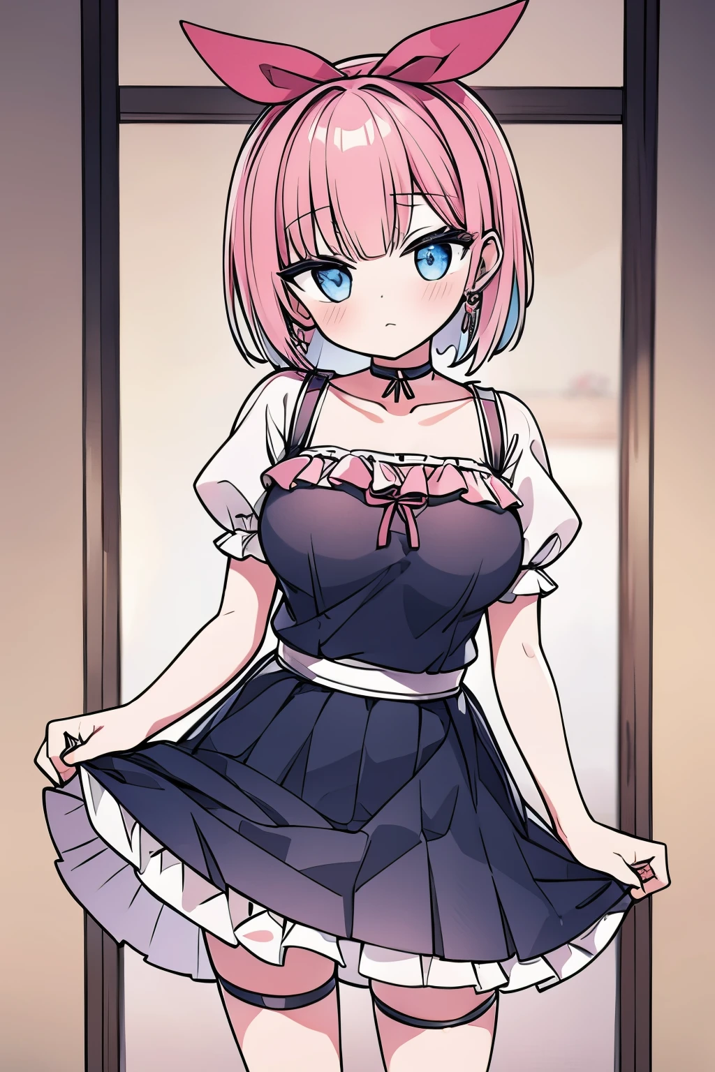 Mine series　Two Toneの髪　pink　black　G cup　skirt　garter belt　choker　ribbon　bob　masterpiece　highest quality　High resolution　blue eyes　short sleeve　blackい服　
big breasts　Two Tone　skirt見せ　bra　underwear　　Show bra　shame　earrings　shyness　blush