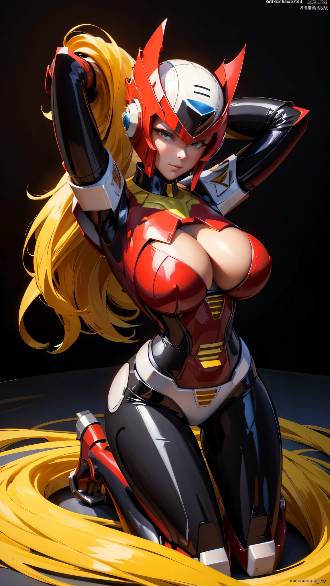 A beautiful woman, ((both hands behind head)) , ((on her knees)), 1 girl, (( mecha)), sexy body figure, long legs, large breasts, (cleavage), busty, beautiful face, Vanessa Kirby, milf, age 28, royal, long blonde color hair, pony tail, helmet, fine armor, futuristic red armor, sci fi, intricate red armor details, red and black color armor, night time, dark city, neon lights, a woman, in a (sexy pose, seductive, flirty) , designed by Gucci::3, tumblr, (inspired by Yanjun Cheng style), digital art, meme lofi internet girl, trend in dezeen, catalog photo, 3 d render beeple, rhads and lois van baarle, cartoon style illustration, (bright pastel colors), a beautiful art illustration, anime girl --ar 2:3 --q 2