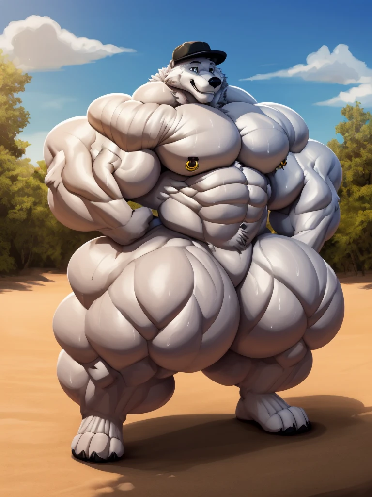 4k, high resolution, best quality, perfect lightning, perfect, solo, anthro, young, boy,white wolf:2.0, furry body, (fluffy mane:1.2), fluffy tail, male, adult, (bulky2:0, thick muscles2:0, huge muscles:2.0, hyper muscles:2.0), (thick biceps, veiny biceps, big broad veiny pecs:2.0, broad shoulders:2.0), (thick legs, thick calves:1.1), (digitigrade legs, 4 toes:1.2), perfect colors, (photorealistic fur, detailed fur, epic, masterpiece), (suggestive posing:1.2), (seductive smile, lustful grin 1.3), detailed beach,detailed wolf eyes:2.0, by k0suna, by darkgem，nipple ring，big pecs:2.0，hyper arms:2.0，veins,white body,white fur,hyper butt:2.0,hyper paws:2.0，standing，thick legs，thick butts:2.0,sweat body:2.0,massive butt:2.0,black hat,hyper ass:2.0,huge ass:2.0,presenting butt