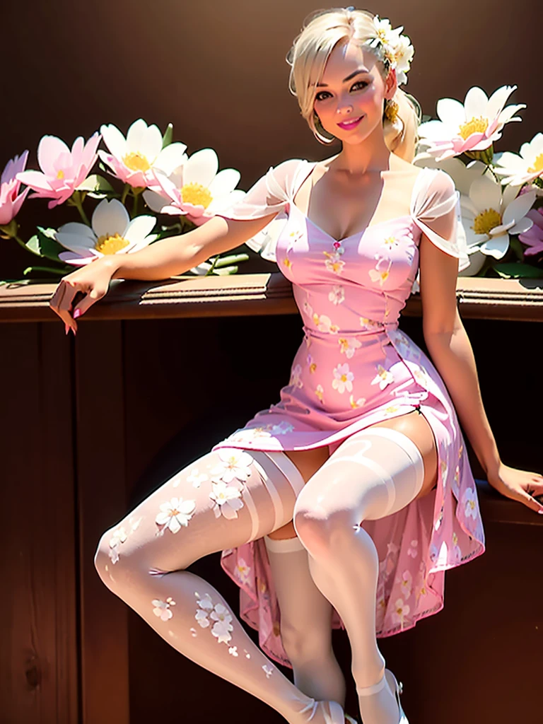 woman, 32 years-old,vintage pin-up,blonde hair,bangs,ponytail,little smile,((((slit soft pink dress printed with white flowers)))),(((sheer pantyhose))),photographic studio scenario