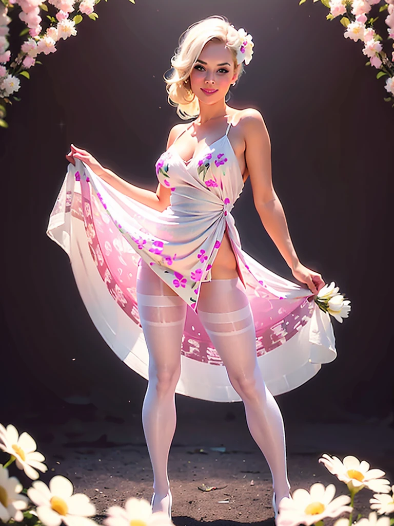 woman, 32 years-old,vintage pin-up,blonde hair,bangs,ponytail,little smile,((((slit soft pink dress printed with white flowers)))),(((sheer pantyhose))),photographic studio scenario