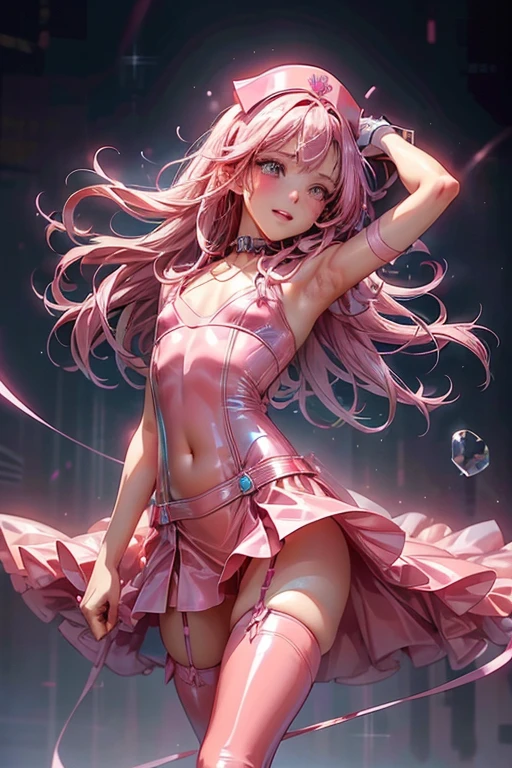 Anime girl in a semi-transparent shiny pink latex tube dress posing for the camera, Show a lot of skin, seductive anime girl, Beautiful woman, blush with excitement, detailed face, (nurse hat), pink long hair, looking down at the camera, 8K, very detailed, (visible laces), cleavage, (pink long latex gloves), pink latex stockings, garter, Strip Club Background, dark, Spotlight on girls, on stage, upskirt camera shot, (put your hands behind your head, armpits are exposed, raise one leg, Visible string), collar, open chest, stand out, belly button, high heels、(flat chest:1.6)