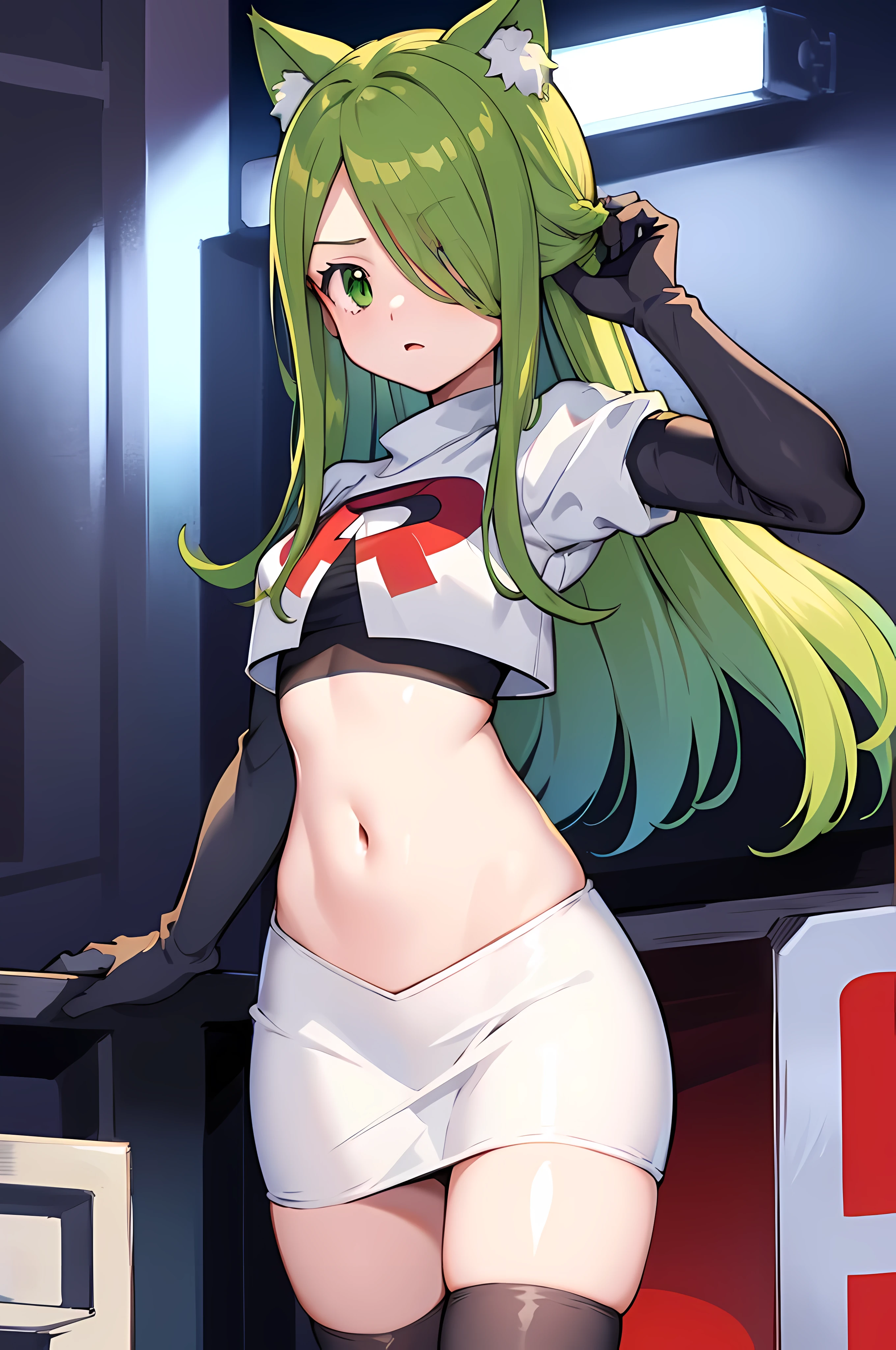 masterpiece, best quality, Izumi\(digimon\),hair over one eye, green eyes, long hair, 1girl, solo, team rocket,team rocket uniform, red letter R, white skirt,white crop top,black thigh-highs,black elbow gloves, cat hat