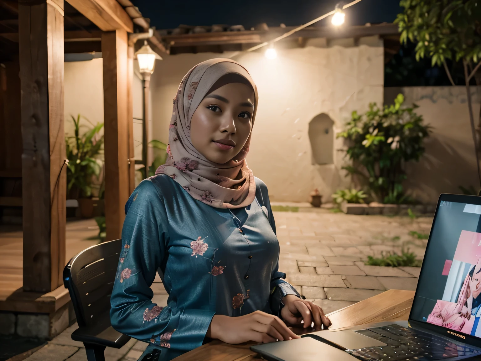 A young malay girl in hijab wearing unbuttoned floral baju kurung using laptop, 20 - 23 years old, nighttime, beautiful girl with beautiful perfect body, location: home, professional photography, bright lighting, 28mm lens, Establishing shot, deep focus cinematography effect, Natural Lighting, pastel color grading, high quality, ultra detail, 8k resolution,