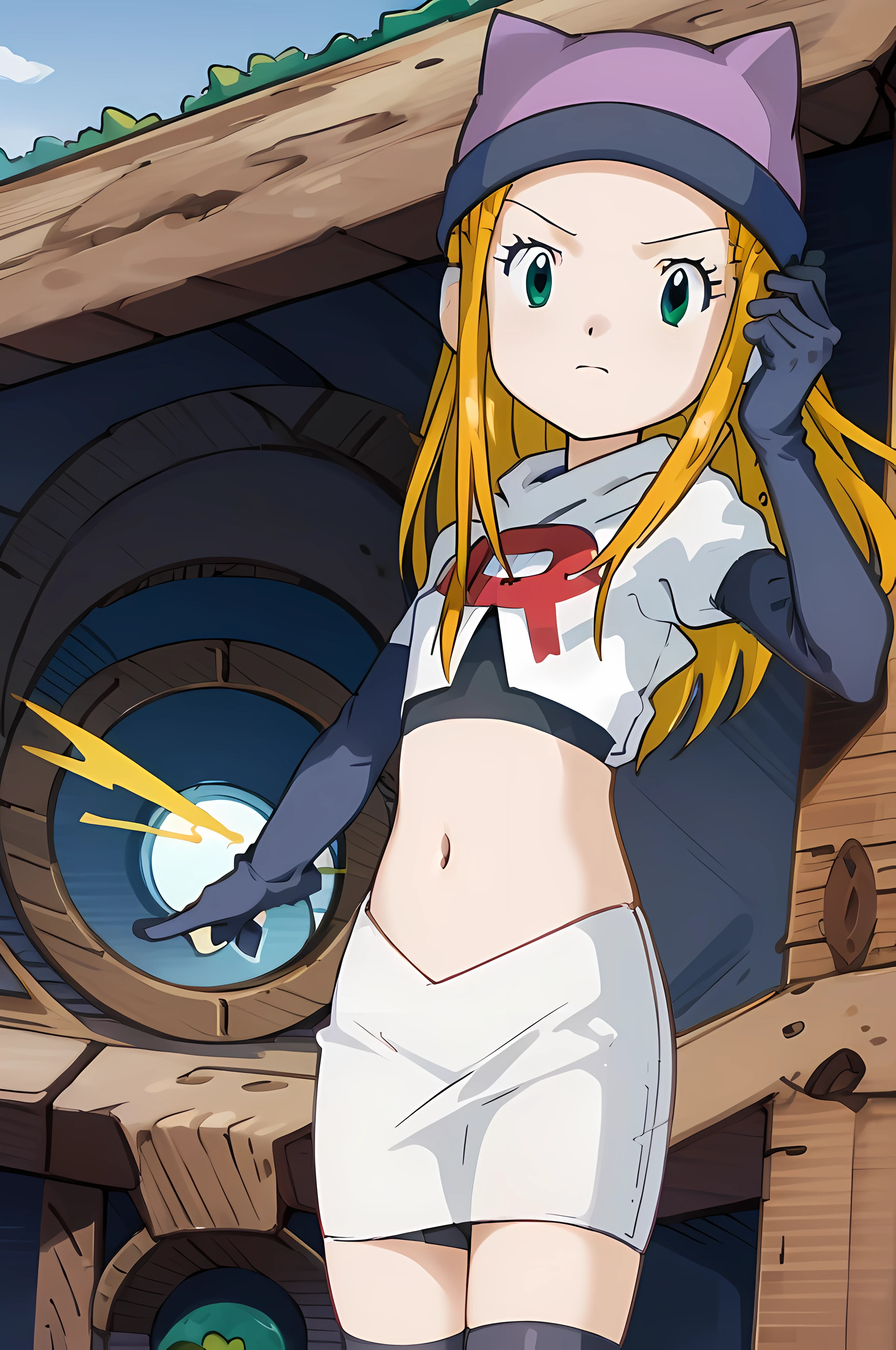 masterpiece, best quality, Izumi\(digimon\),hair over one eye, green eyes, long hair, 1girl, solo, team rocket,team rocket uniform, red letter R, white skirt,white crop top,black thigh-highs,black elbow gloves, cat hat