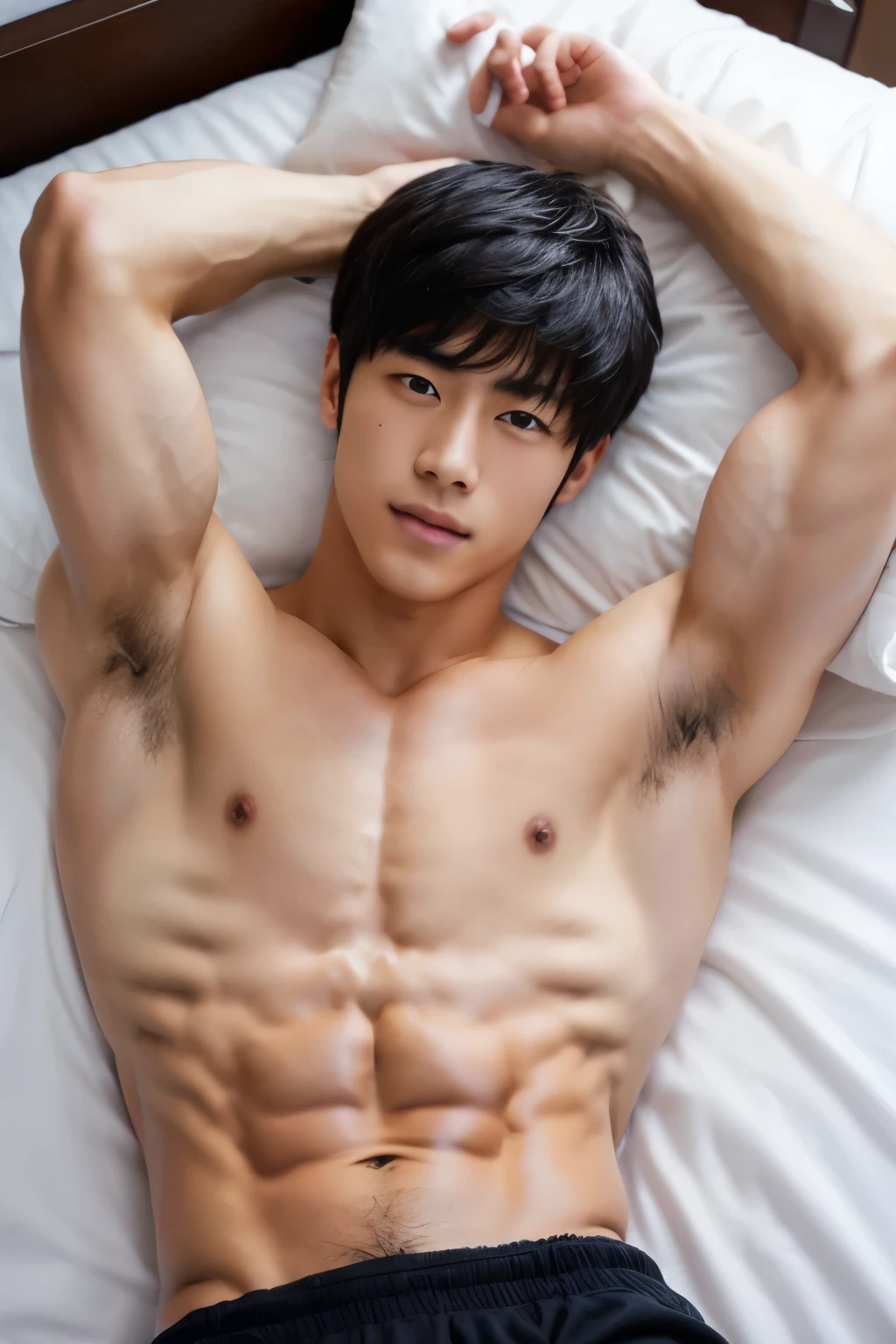 A handsome Japanese male high school student with a slim and muscular body, with a youthful face, pale skin, bare chest, ripped abs, lying on his back on the bed, with his arms tied above his head, bandages around his wrists, and black briefs