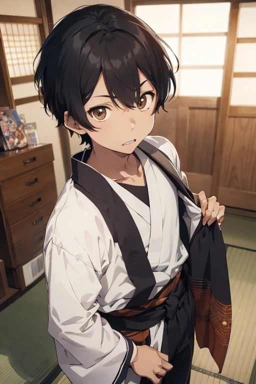 Title: boy:((Japanese manga ART style biting)),((protagonist)),+,(koyo tamayaki kyoji),a 16 year old teenage boy Height 1.80cm, dark brown skin color, brown eyes, short black hair, wearing a traditional Japanese kimono