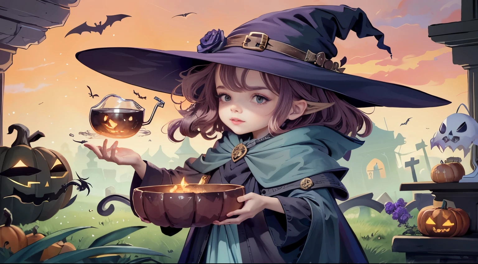 witch girl holding a bowl of halloween food in front of a graveyard, witch girl, portrait of a young witch girl, witchy, bright witch, witch, a witch, portrait of a young witch, casting a spell on a potion, portrait of a witch, witch fairytale, from the black mage cemetery!!!, pretty sorceress, halloween art style, witch academia