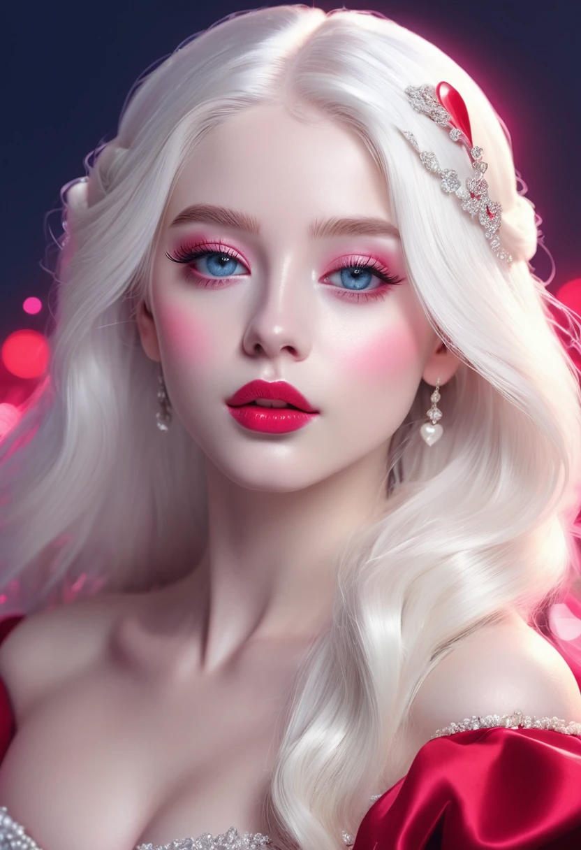 A  adult breathtaking princess. Long platinum white hair, deep 
midnight blue eyes,  build, bright aura, dressed in crimson, milky pale skin, small pink heart shaped lips. Dim royal background. Cartoonish shade 