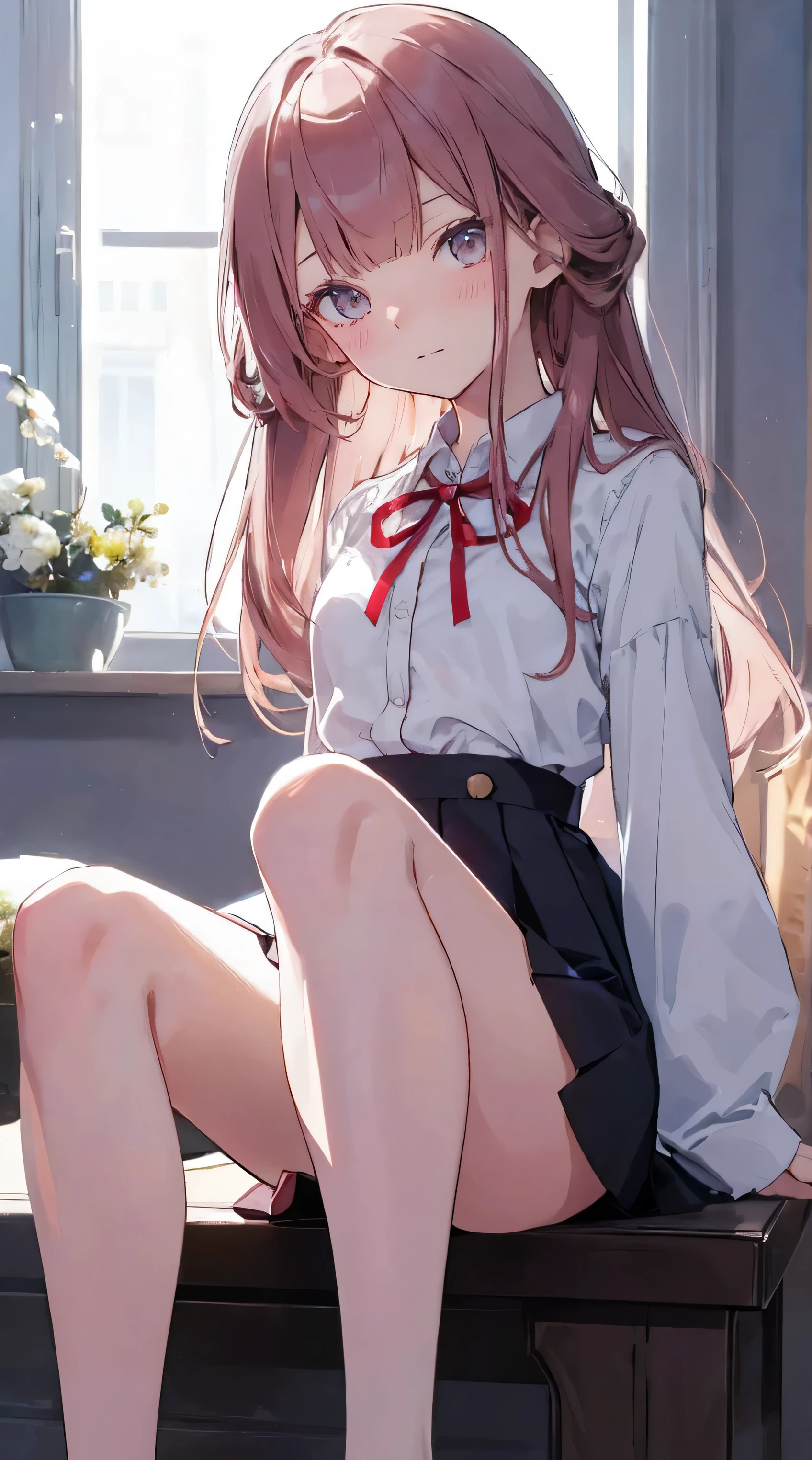 master piece、Highest image quality、highest quality、 ((panic))、glossy hair quality、small face、sitting、Super detailed and beautiful bright eyes、Super detailed clear and beautiful face、(cute illustration:1.2), High-resolution, ultra-detailed, best quality, embarrassed、(Skirt gaps)、(cute underwear)、physical education sitting