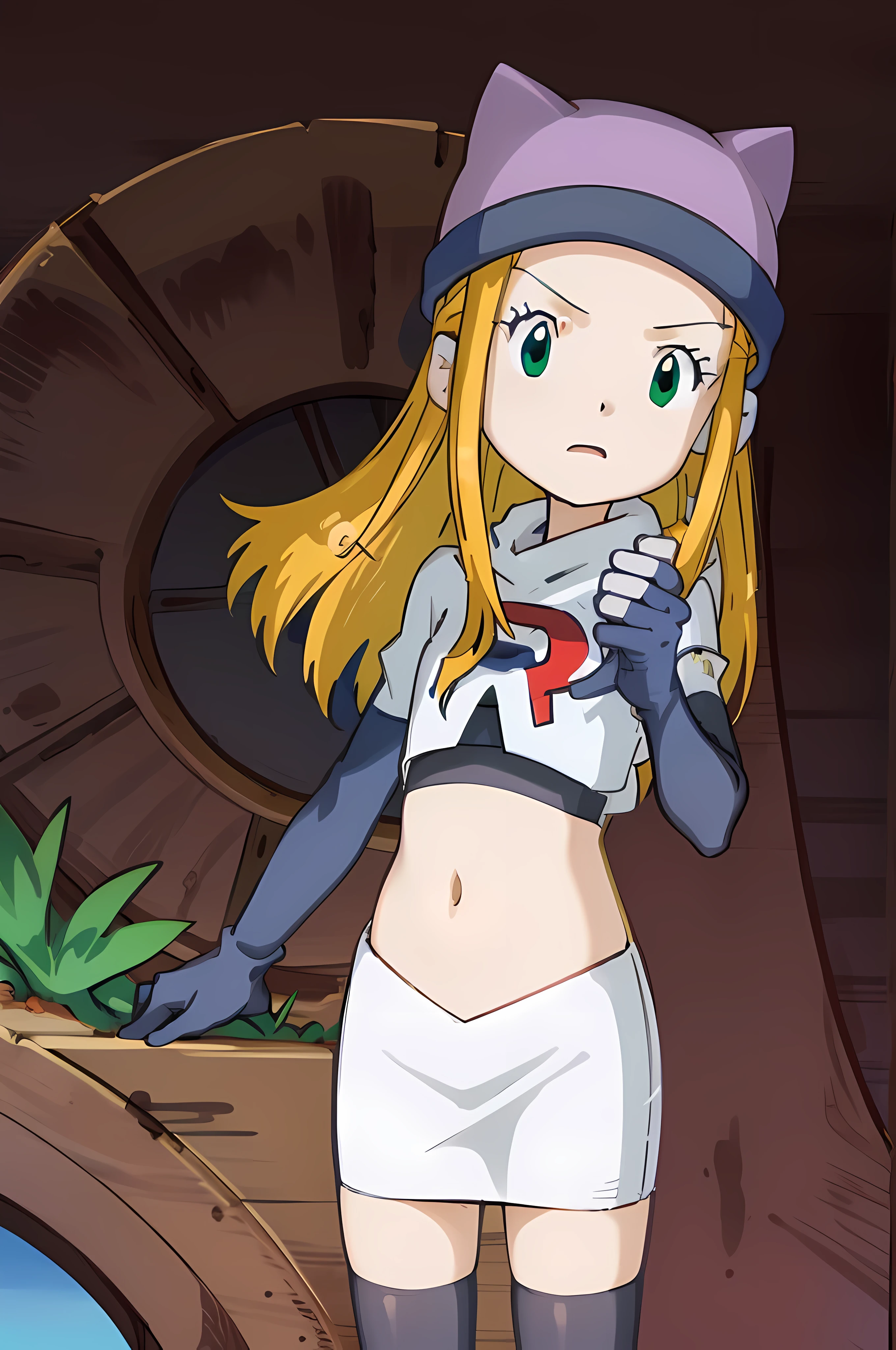 masterpiece, best quality, Izumi\(digimon\),hair over one eye, green eyes, long hair, 1girl, solo, team rocket,team rocket uniform, red letter R, white skirt,white crop top,black thigh-highs,black elbow gloves, cat hat