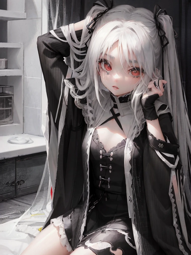 Masterpiece, best quality, high quality, ultra detailed, 1girl, looking at viewer, white hair, gray eyes, black lipstick, black shirt, sitting on a white floor, demon girl, gothcore, 1 3 - year - old, goth girl, japanese gothic, gothic punk style, black metal style, hands on head,.yurikiss、Girl kissing girl、red eyes、