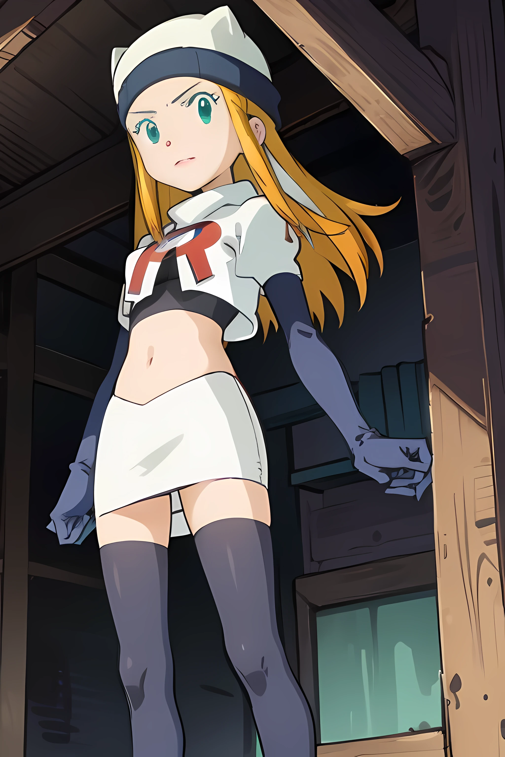 masterpiece, best quality, Izumi\(digimon\), green eyes, long hair, 1girl, big size breast, solo, team rocket,team rocket uniform, red letter R, white skirt,white crop top,black thigh-highs,black elbow gloves, white cat hat