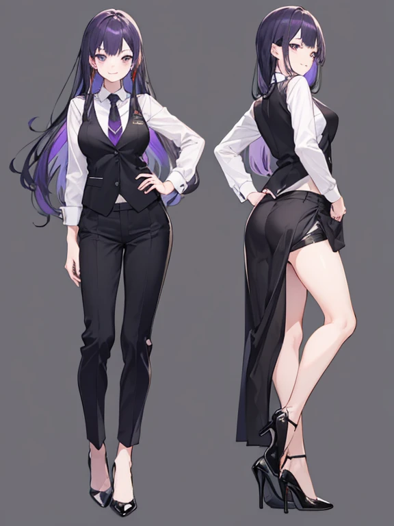 purple,medium long hair,woman,suit,black vest,Shirt with rolled up sleeves,tie,pants,high heels,,simple background,smile,whole body,full body,full body,Standing picture,vtuber,upright,,Standing upright with face and body facing forward,
